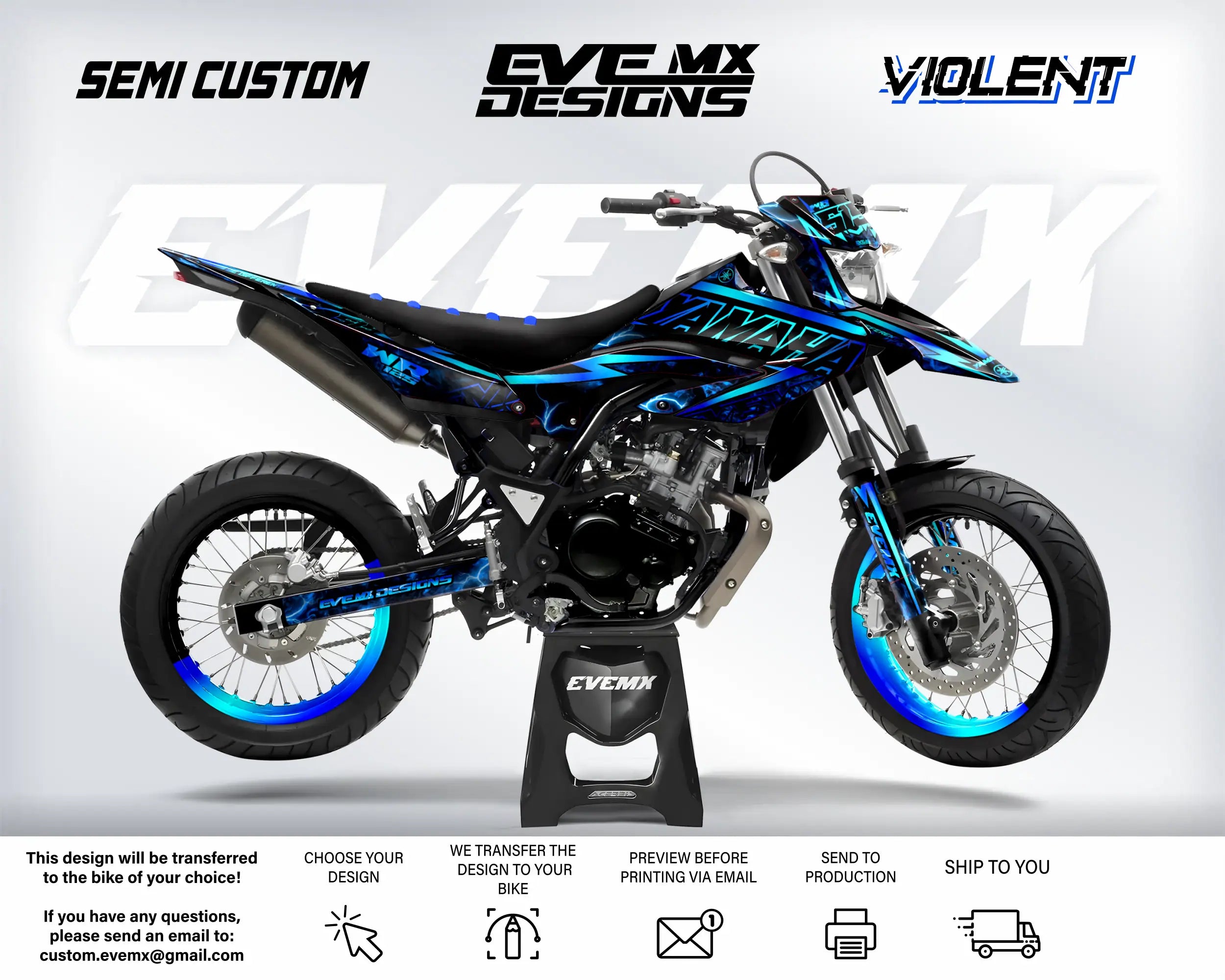 Motorcycle with 'EveMX Designs' branding on a white background