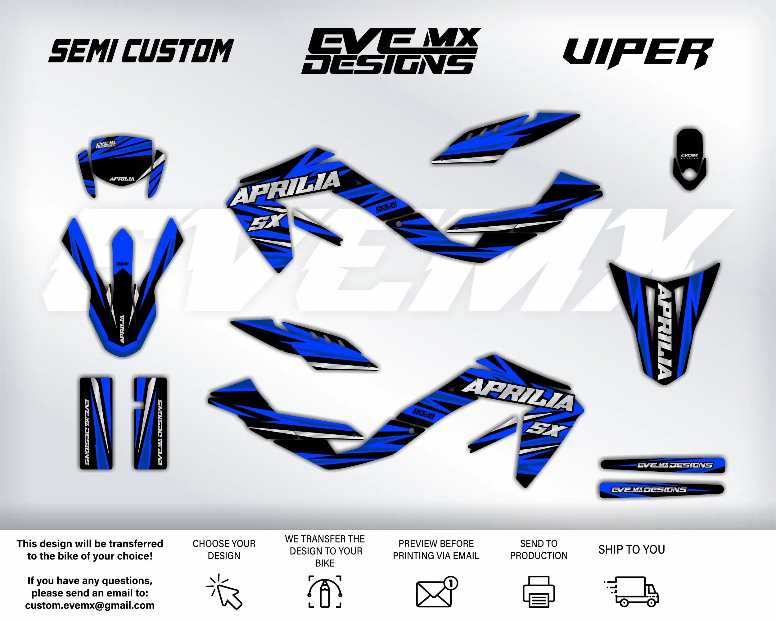 Motorcycle wrap design with Aprilia branding and 'EveMX Designs' branding on a white background.