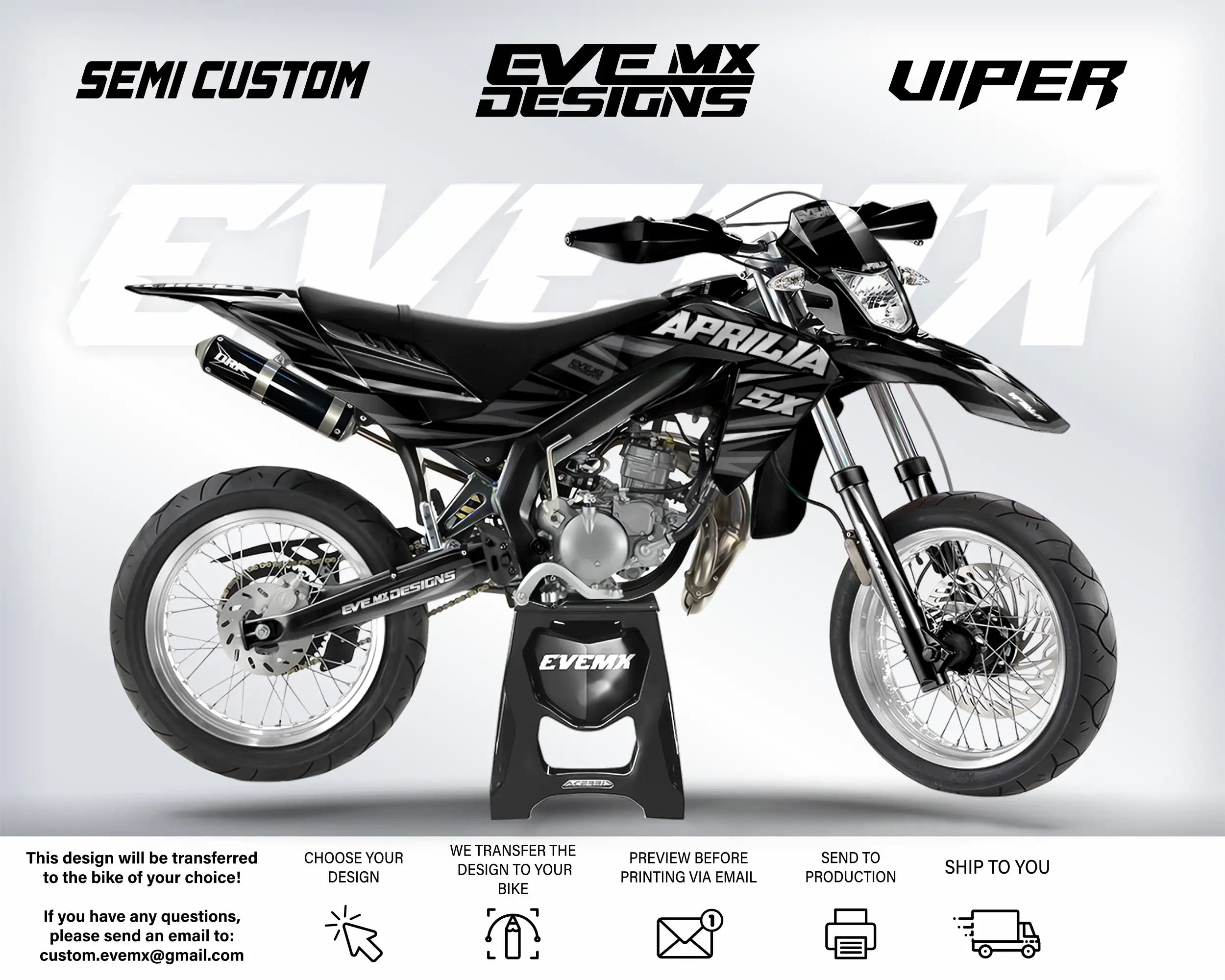 Motorcycle with 'EveMX Designs' and 'Viper' branding on a white background