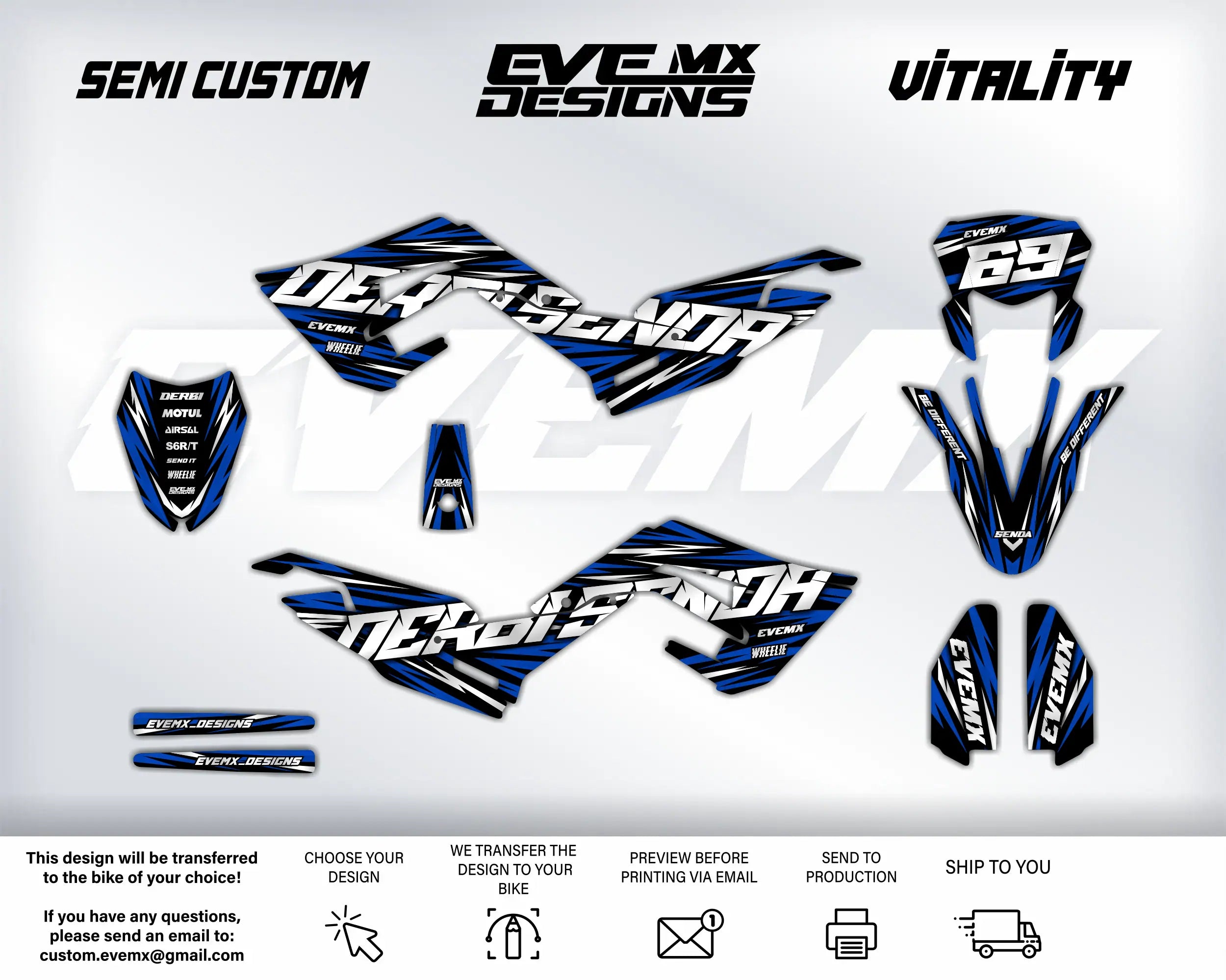 Motorcycle wrap design with 'EveMX Designs' branding on a white background