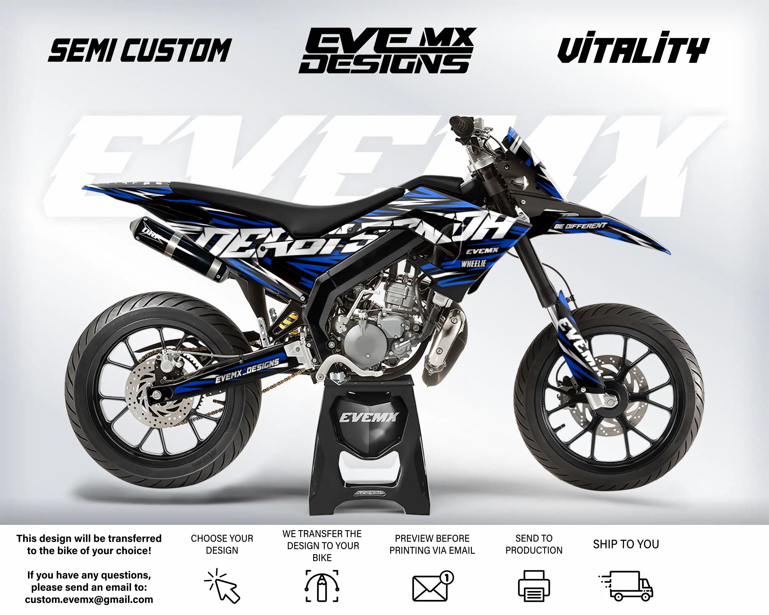 Motorcycle with custom graphics on a white background, featuring 'EveMX Designs' branding.