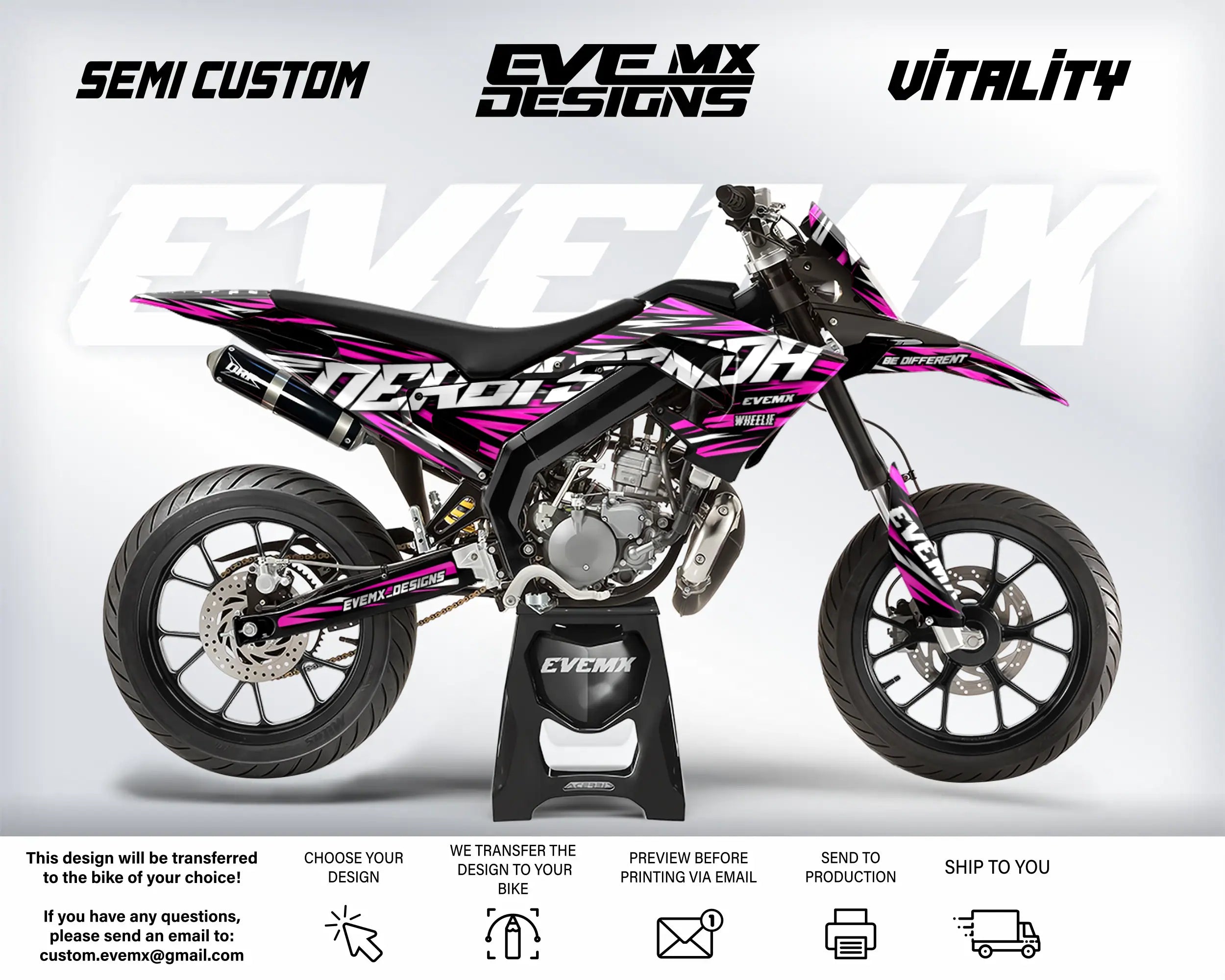 Motorcycle with pink and black design on a white background, featuring 'EveMX Designs' branding.