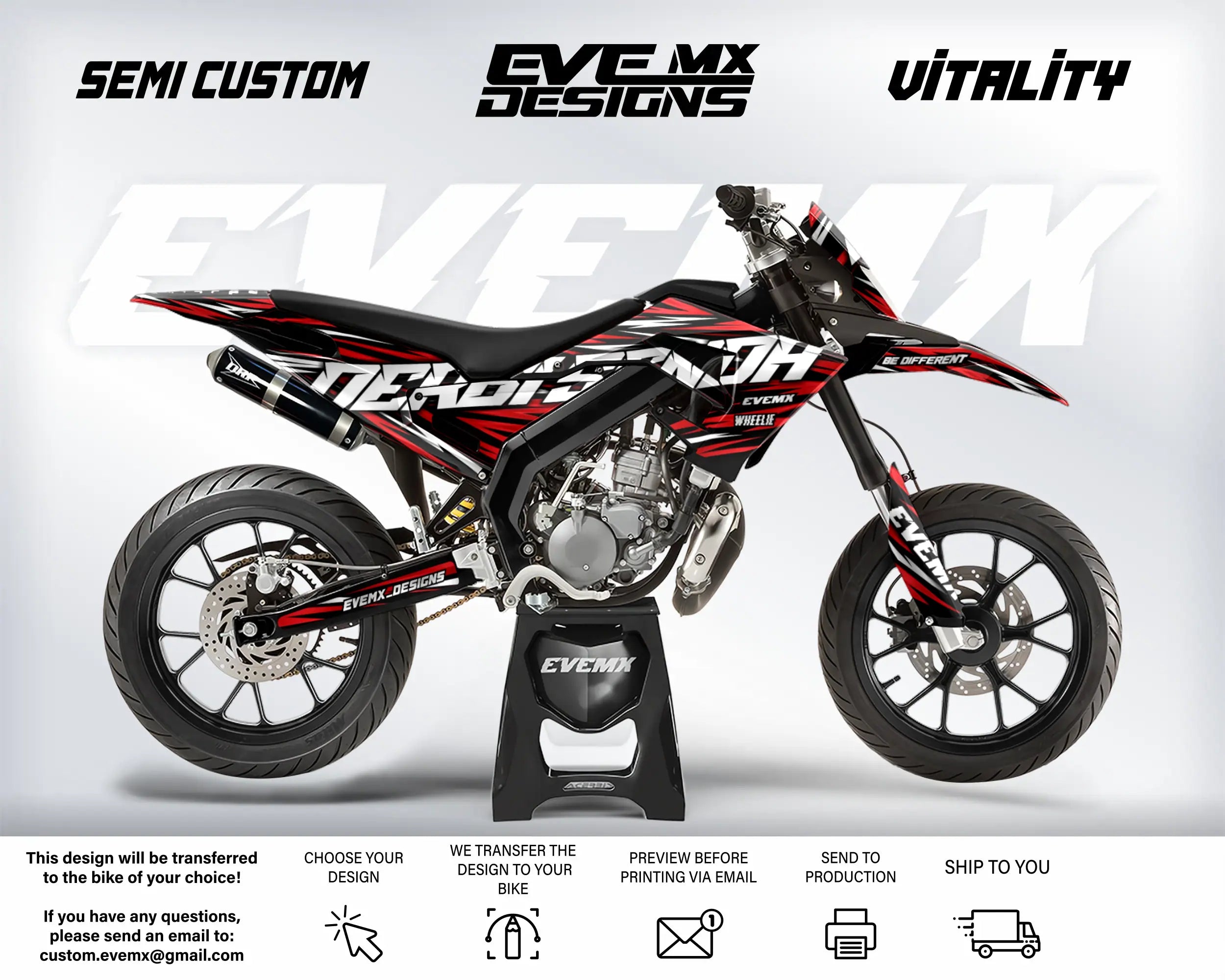 Motorcycle with custom graphics on a white background, featuring 'EveMX Designs' branding.