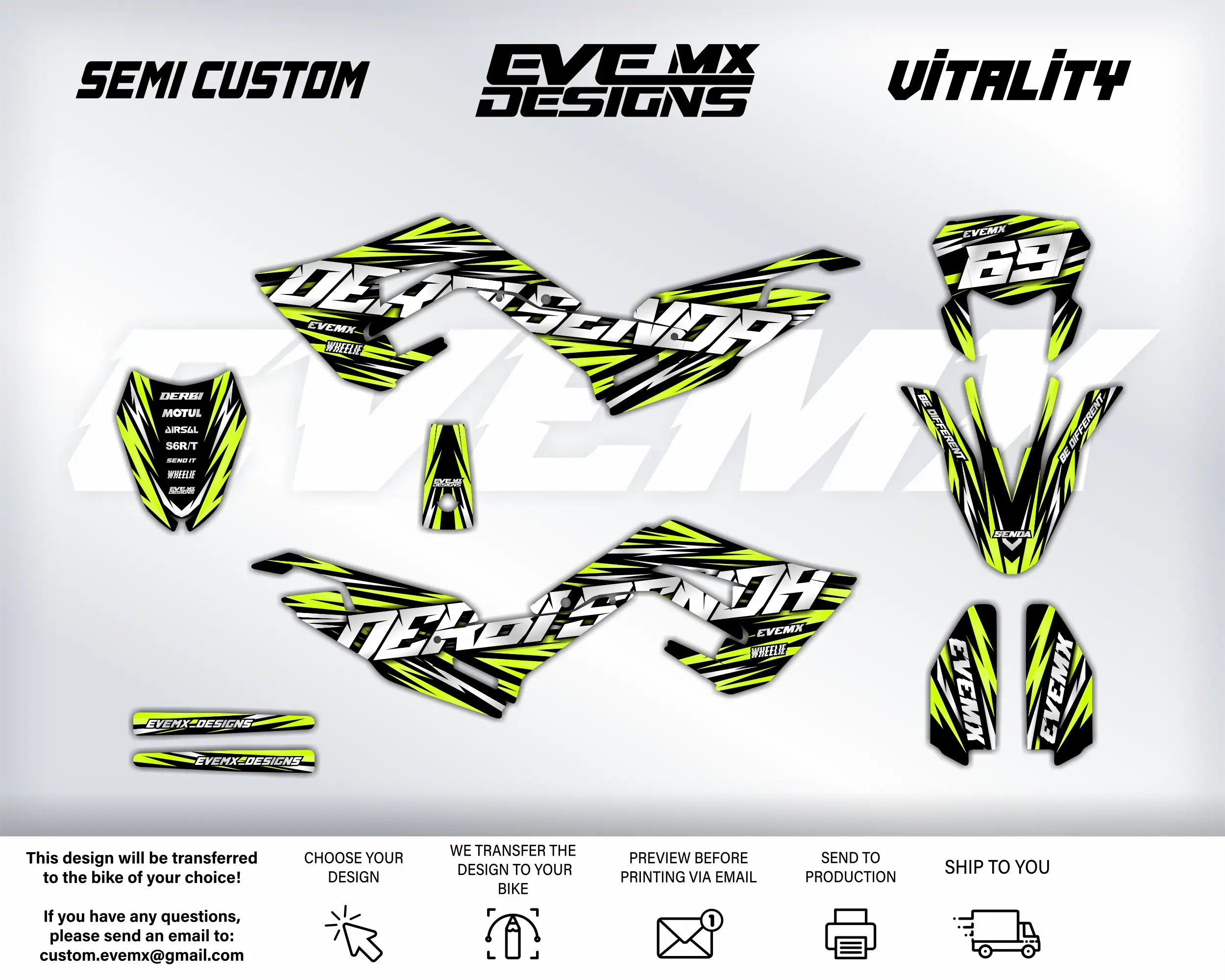 Motorcycle wrap design with EveMX Designs branding and customization options on a gray background