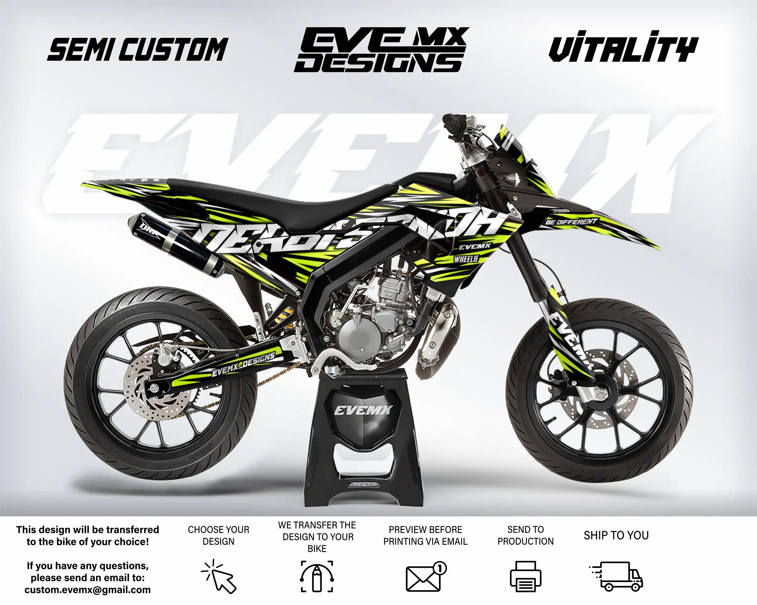 Motorcycle with custom graphics on a white background, featuring 'EveMX Designs' branding.