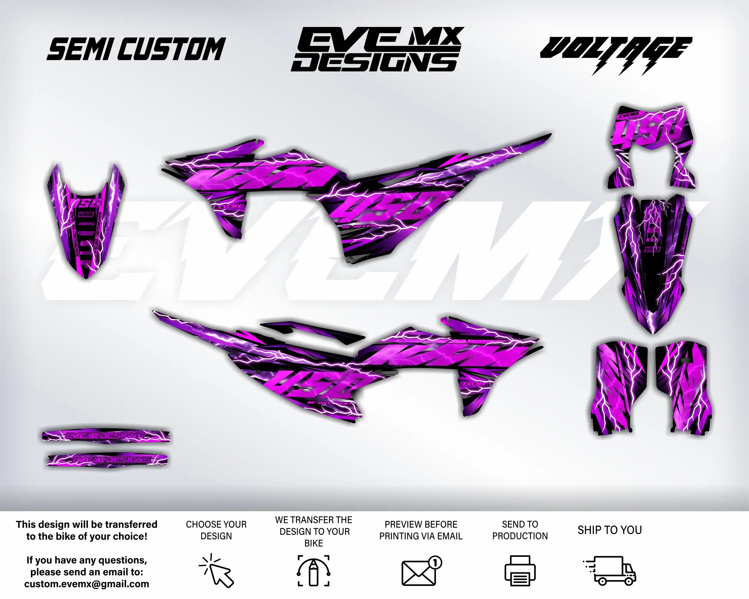 Purple motorcycle decals with EveMx Designs branding on a white background
