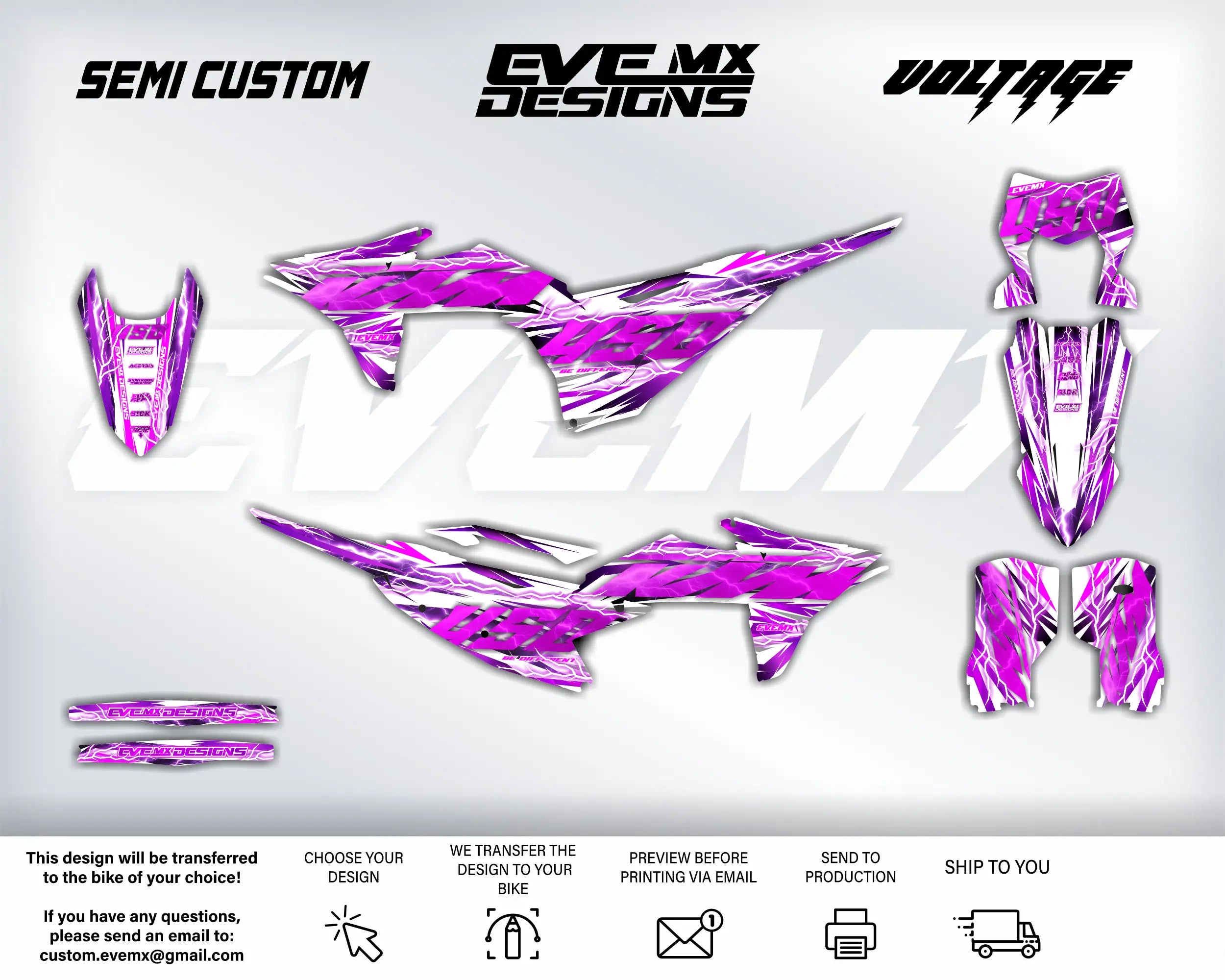 Motorcycle wrap design with pink and purple patterns on a white background, featuring EveMx Designs branding text.