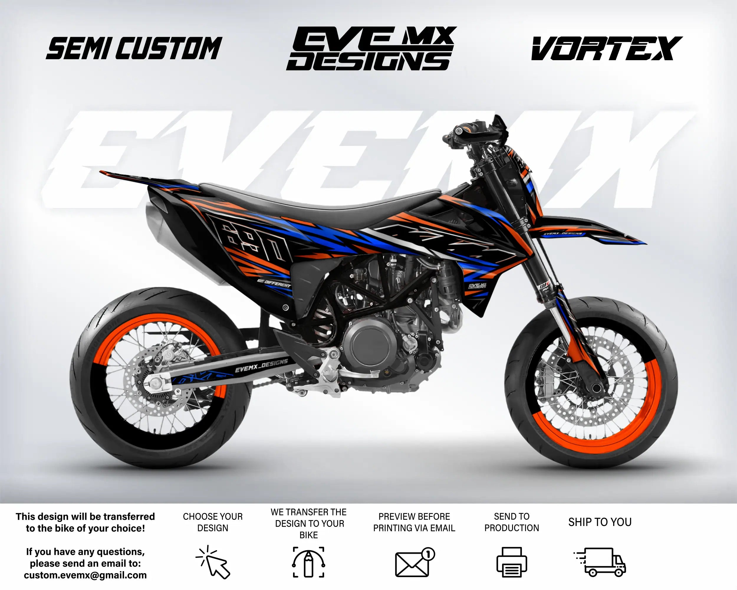 Motorcycle with 'EveMX Designs' and 'Vortex' branding on a white background