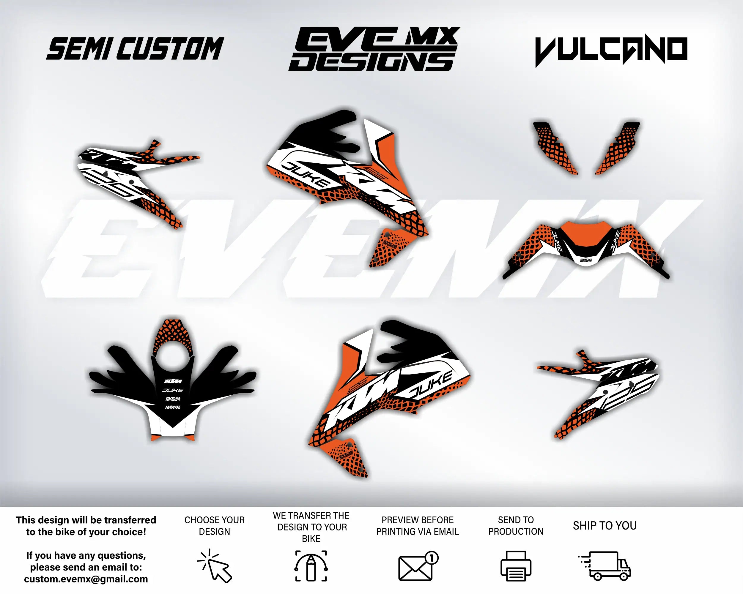 Collection of motorcycle decals with 'EveMX Designs' branding on a white background.