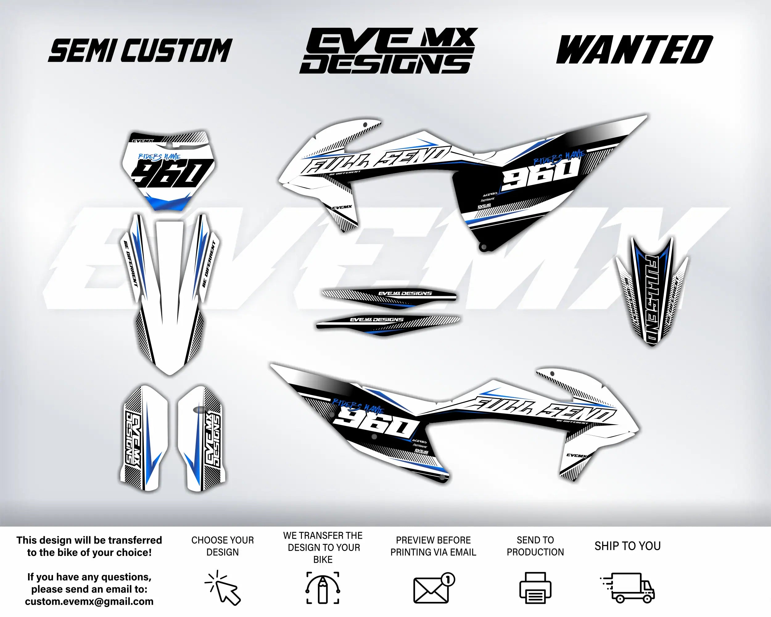 Motorcycle decals with EveMx Designs branding and design options on a white background