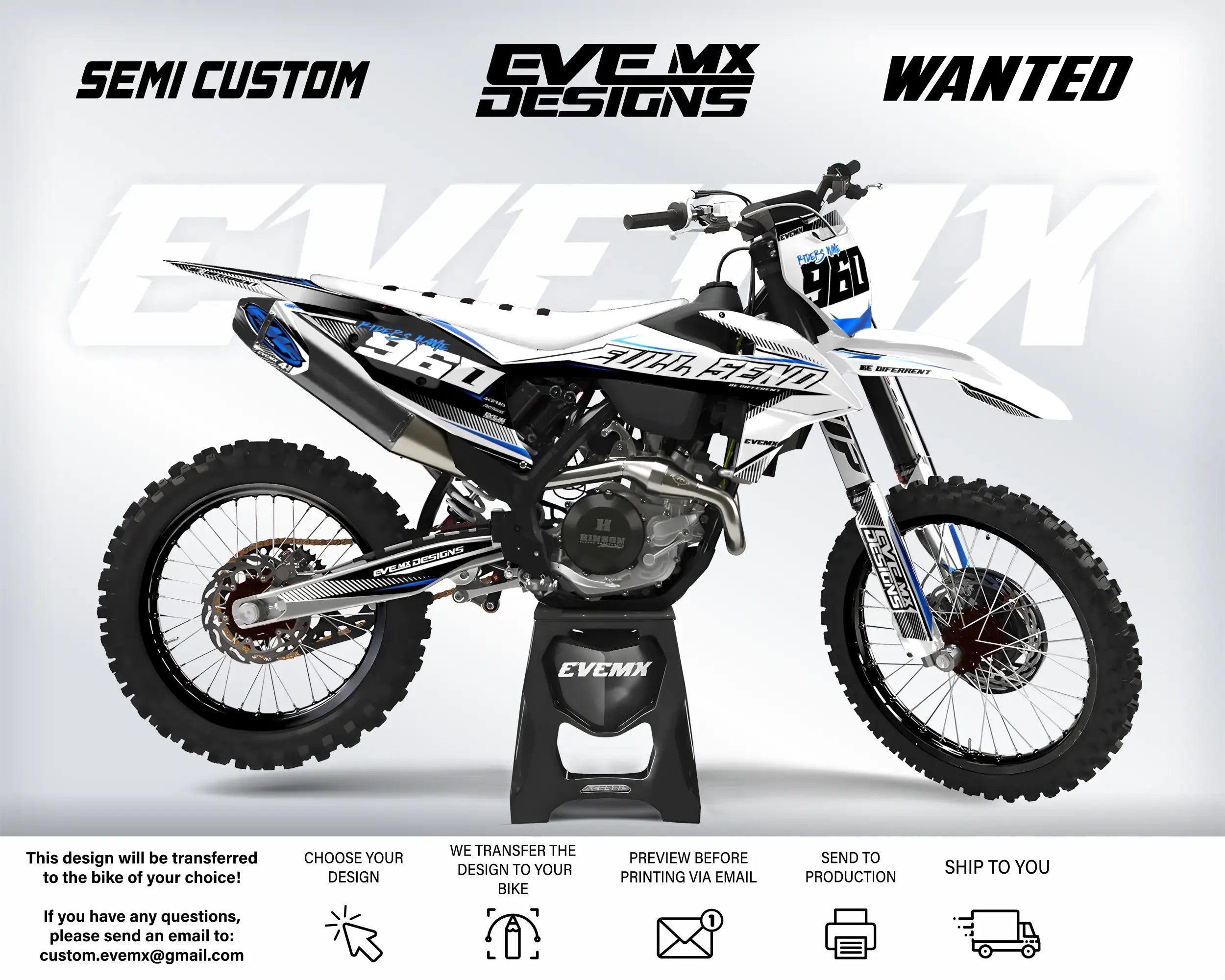 Motocross bike with 'EveMX Designs' branding on a white background