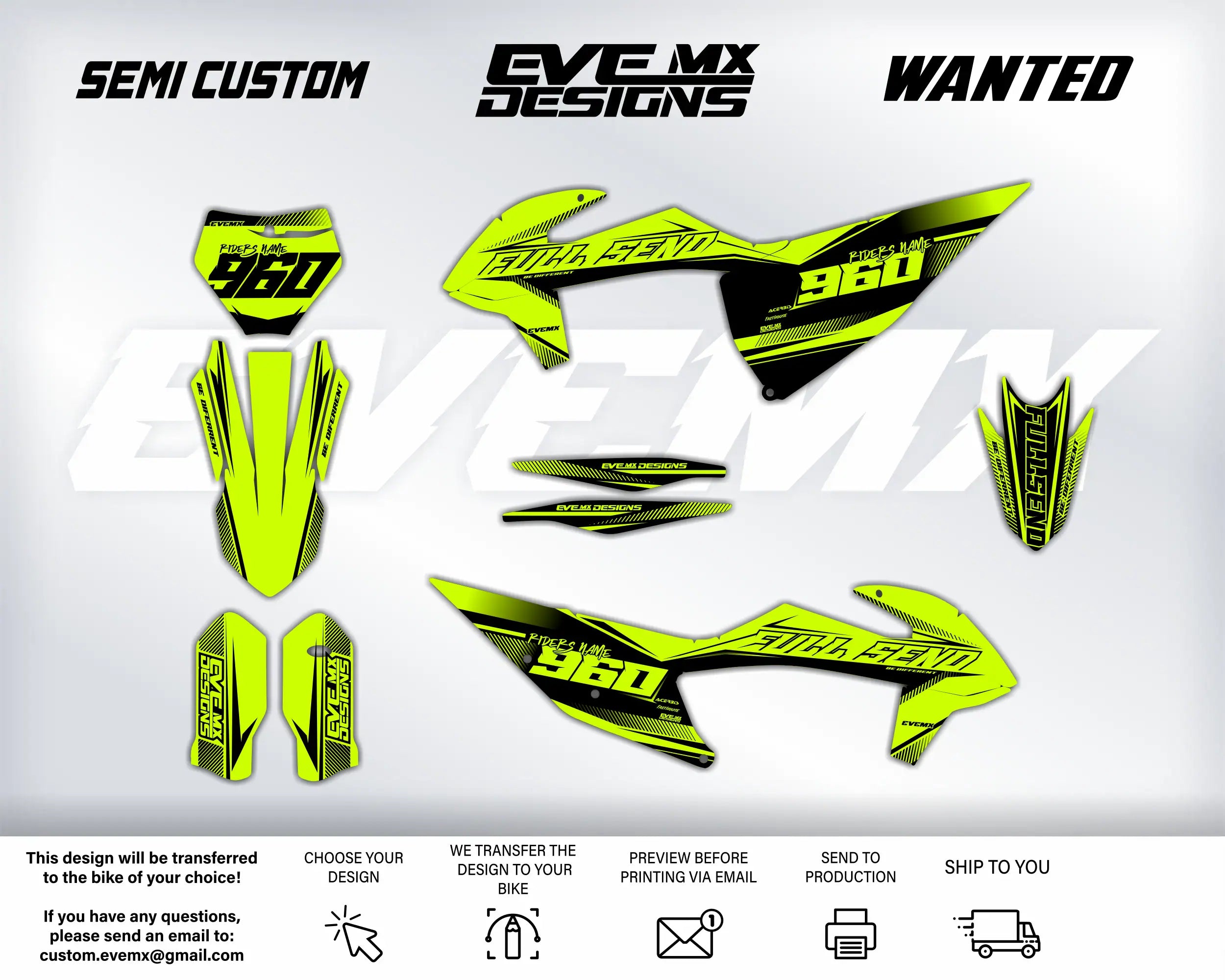 Motorcycle decals with 'EveMX Designs' branding on a white background