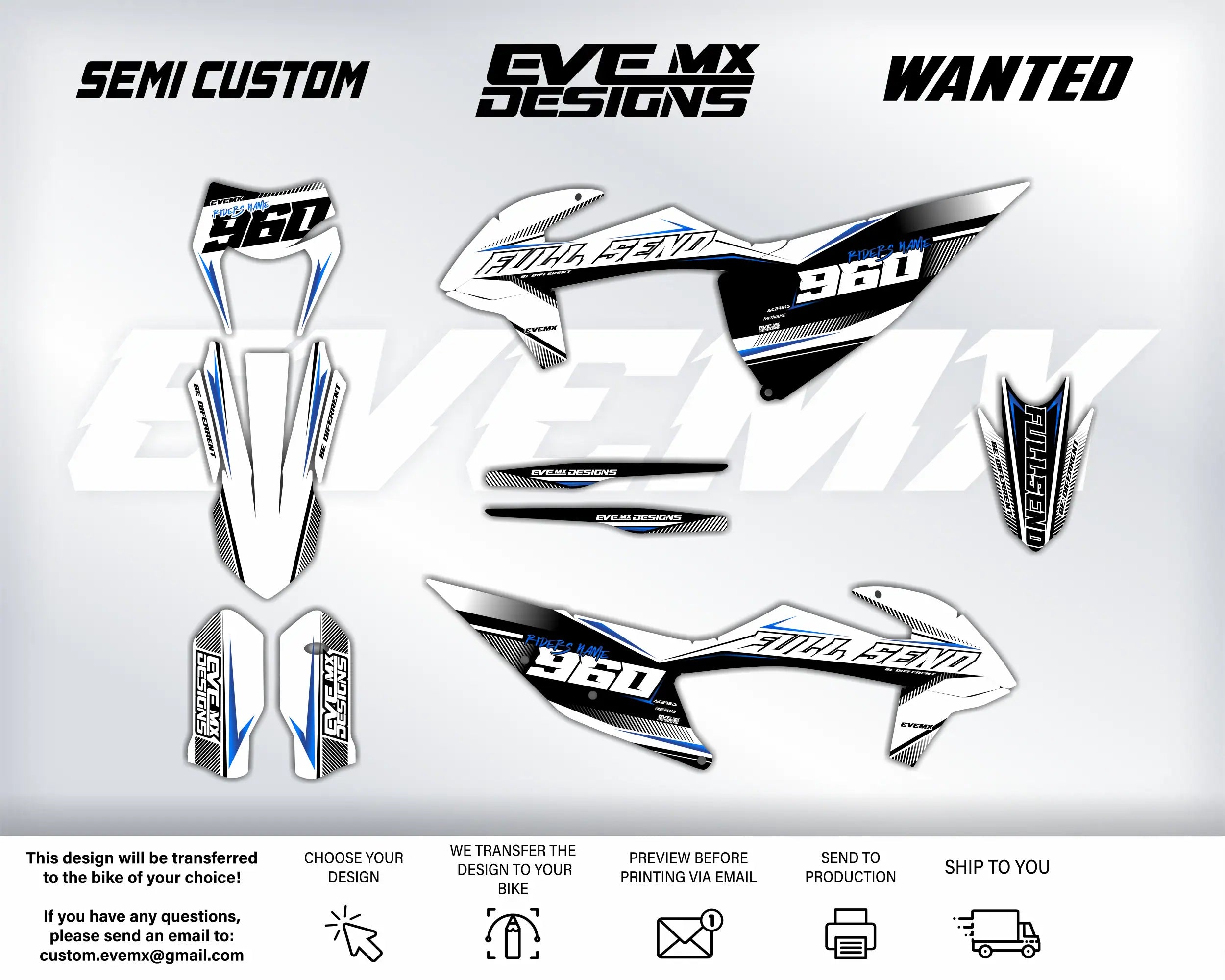 Motorcycle decals with EveMX Designs branding and design options on a white background