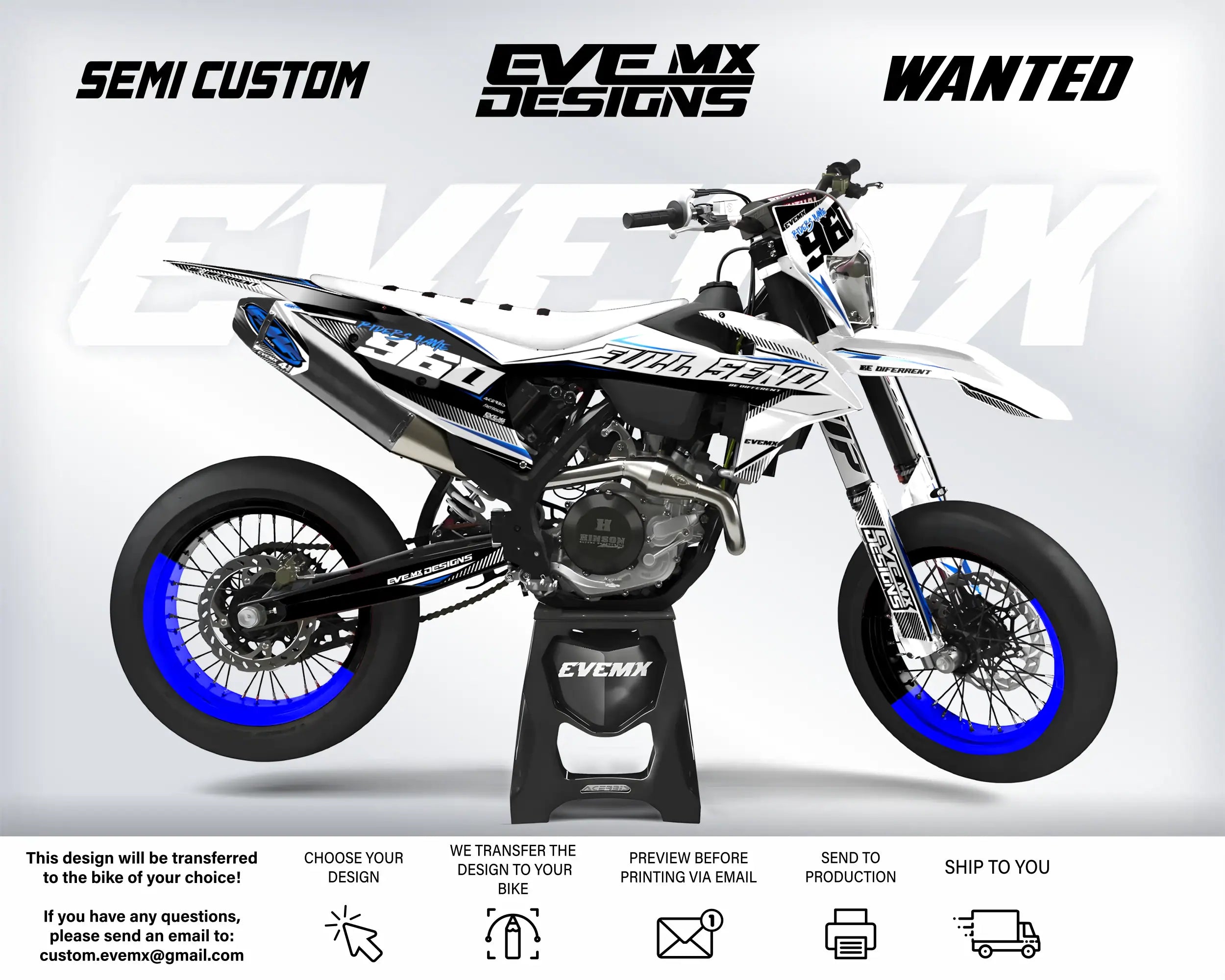 Motorcycle with 'EveMX Designs' branding on a white background