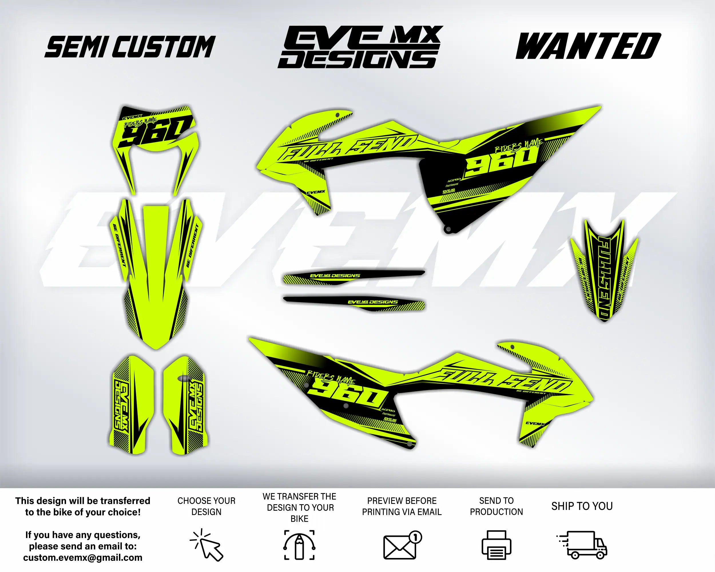 Motorcycle graphics kit with 'Semi Custom', 'EvEMX Designs', and 'Wanted' branding on a white background.
