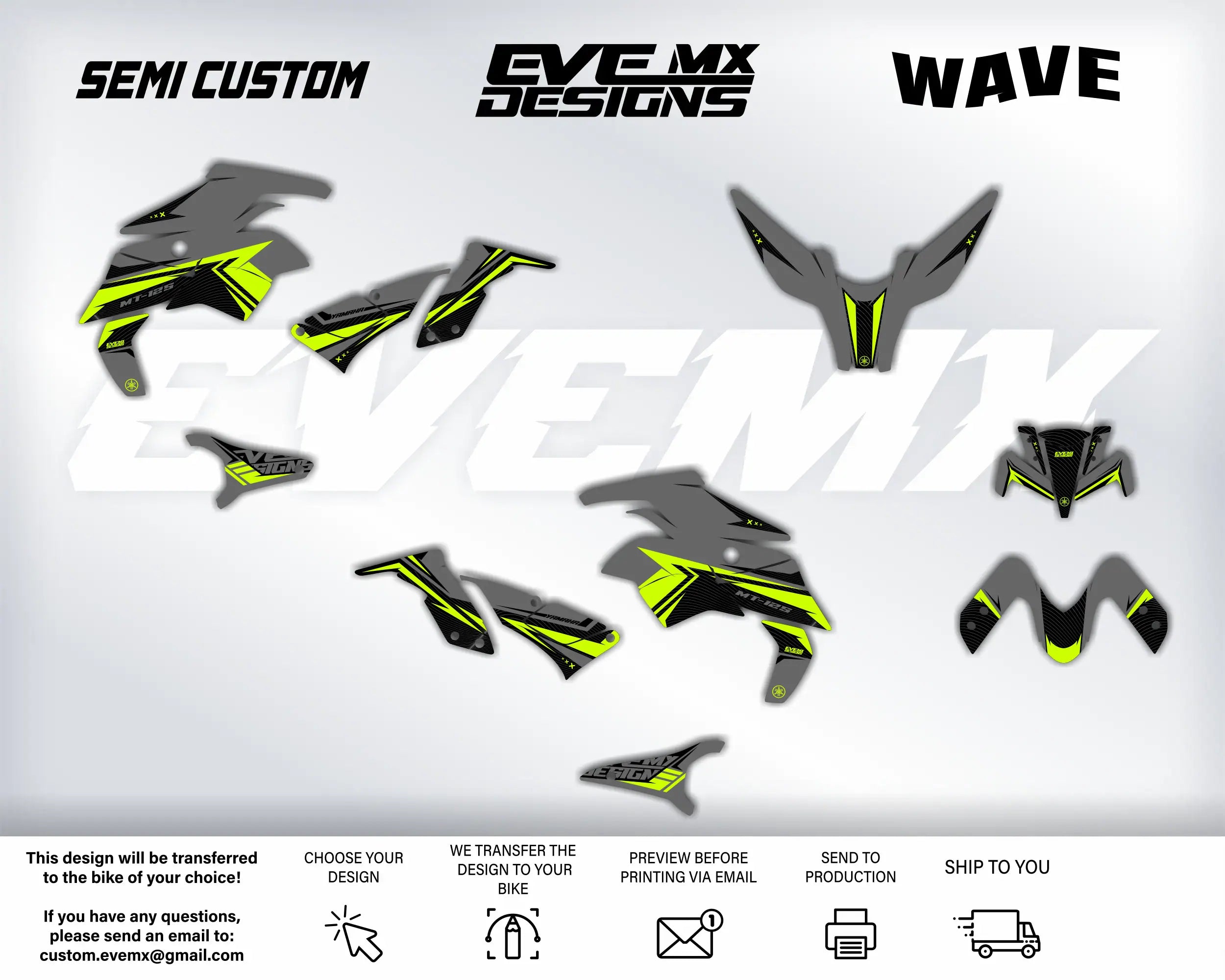 Motorcycle wrap design with 'Semi Custom', 'Eve MX Designs', and 'Wave' branding on a white background.