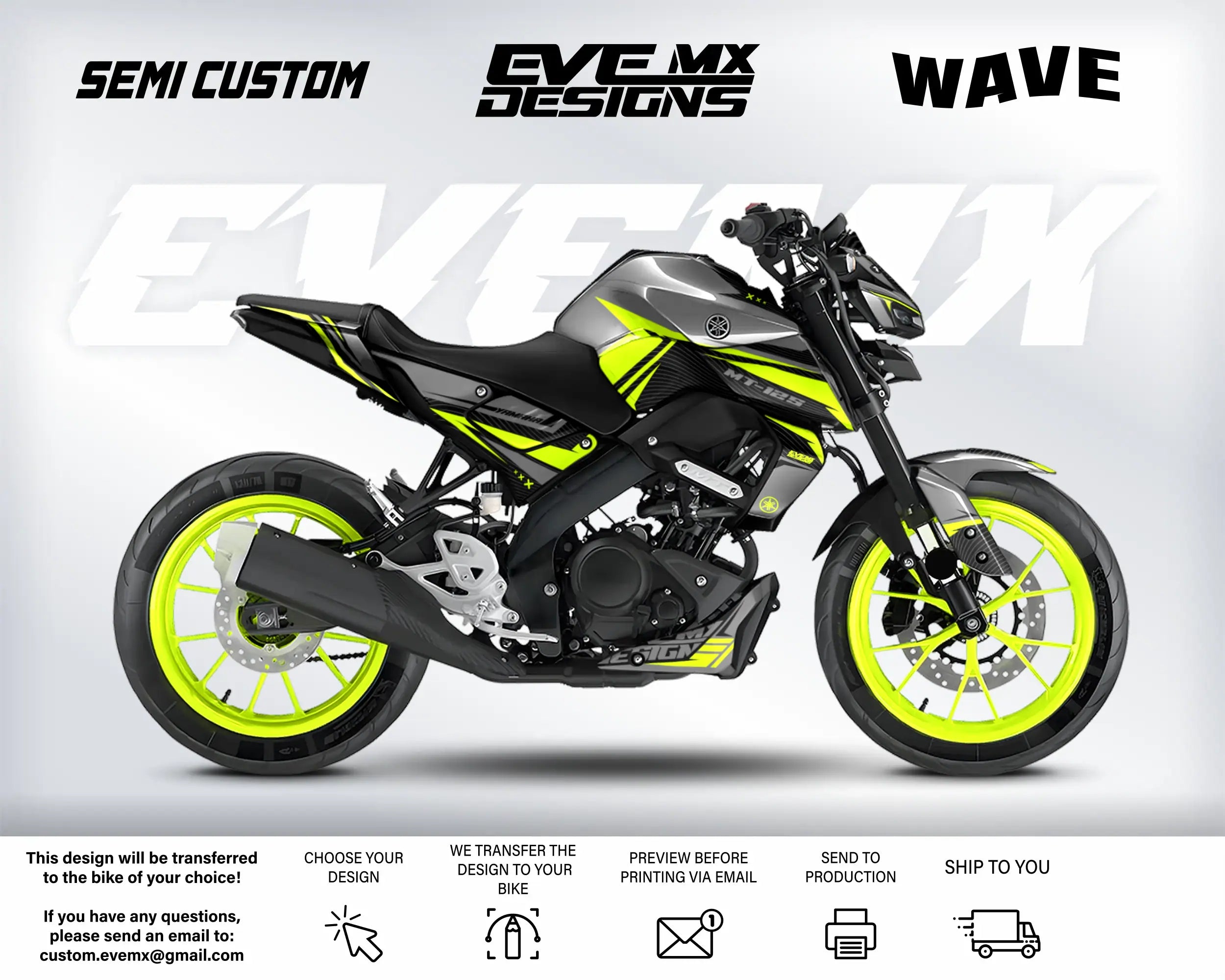 Motorcycle with yellow accents on a white background, featuring 'Eve MX Designs' branding.