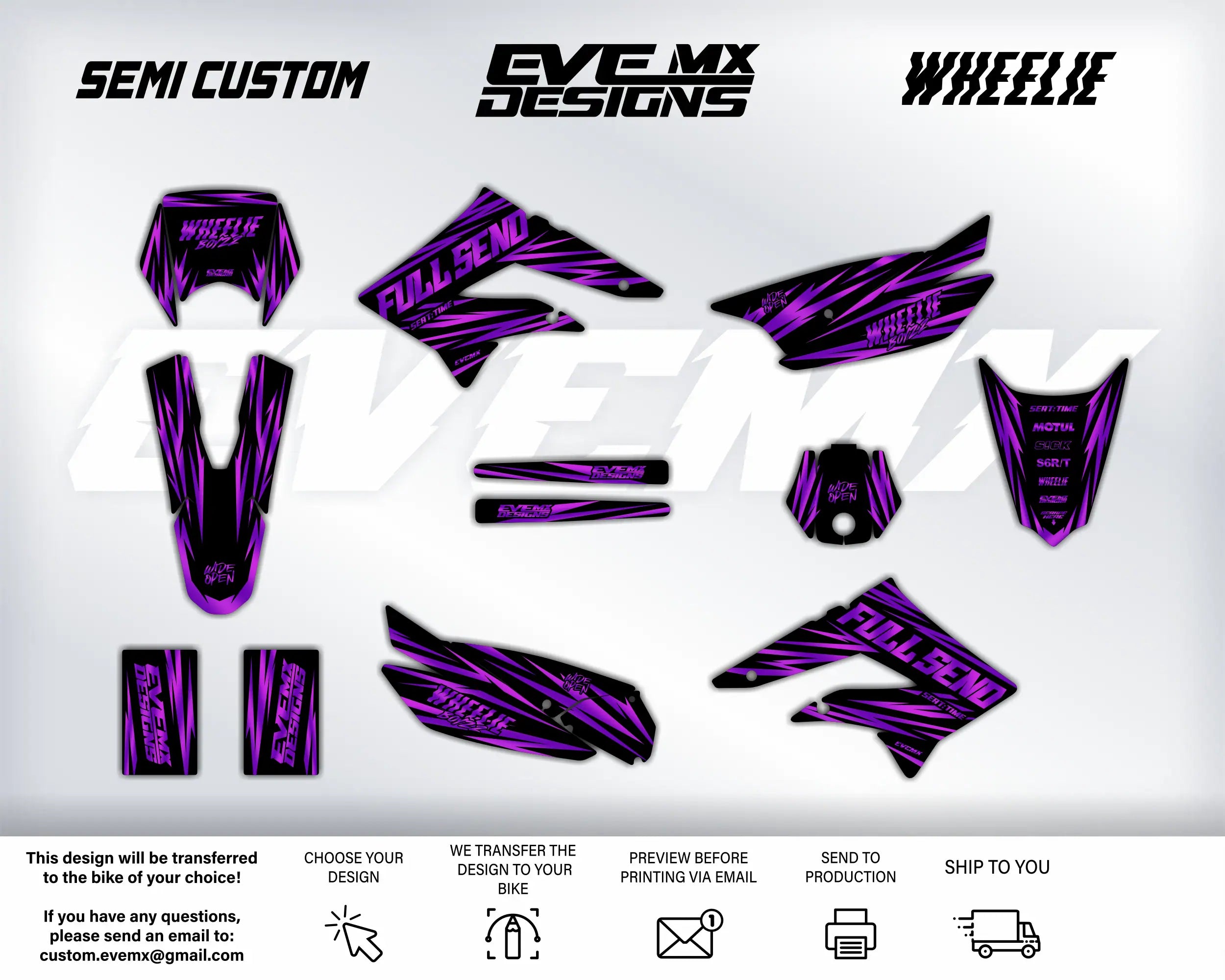 Motorcycle graphics kit with purple design elements on a white background, featuring SEMI CUSTOM, EVEMX DESIGNS, and WILLYS WHEELIE logos.