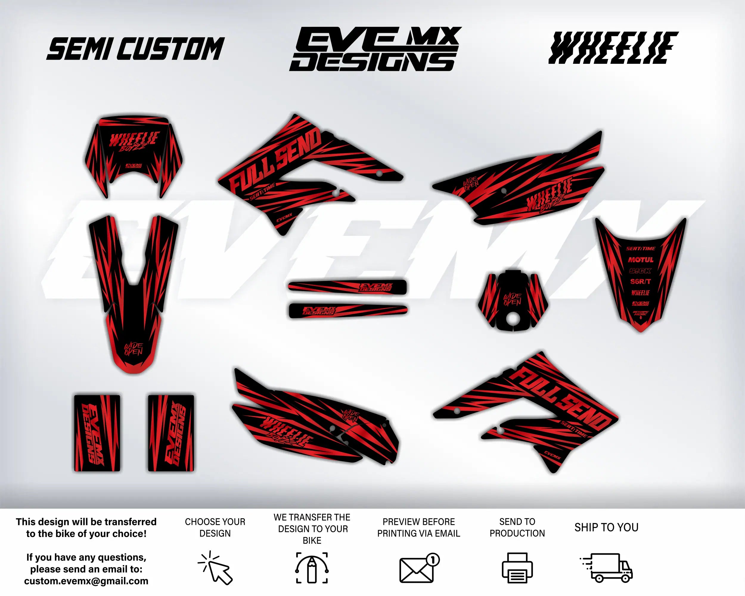 Red and black motorcycle graphics with 'EveMX Designs' branding on a white background.