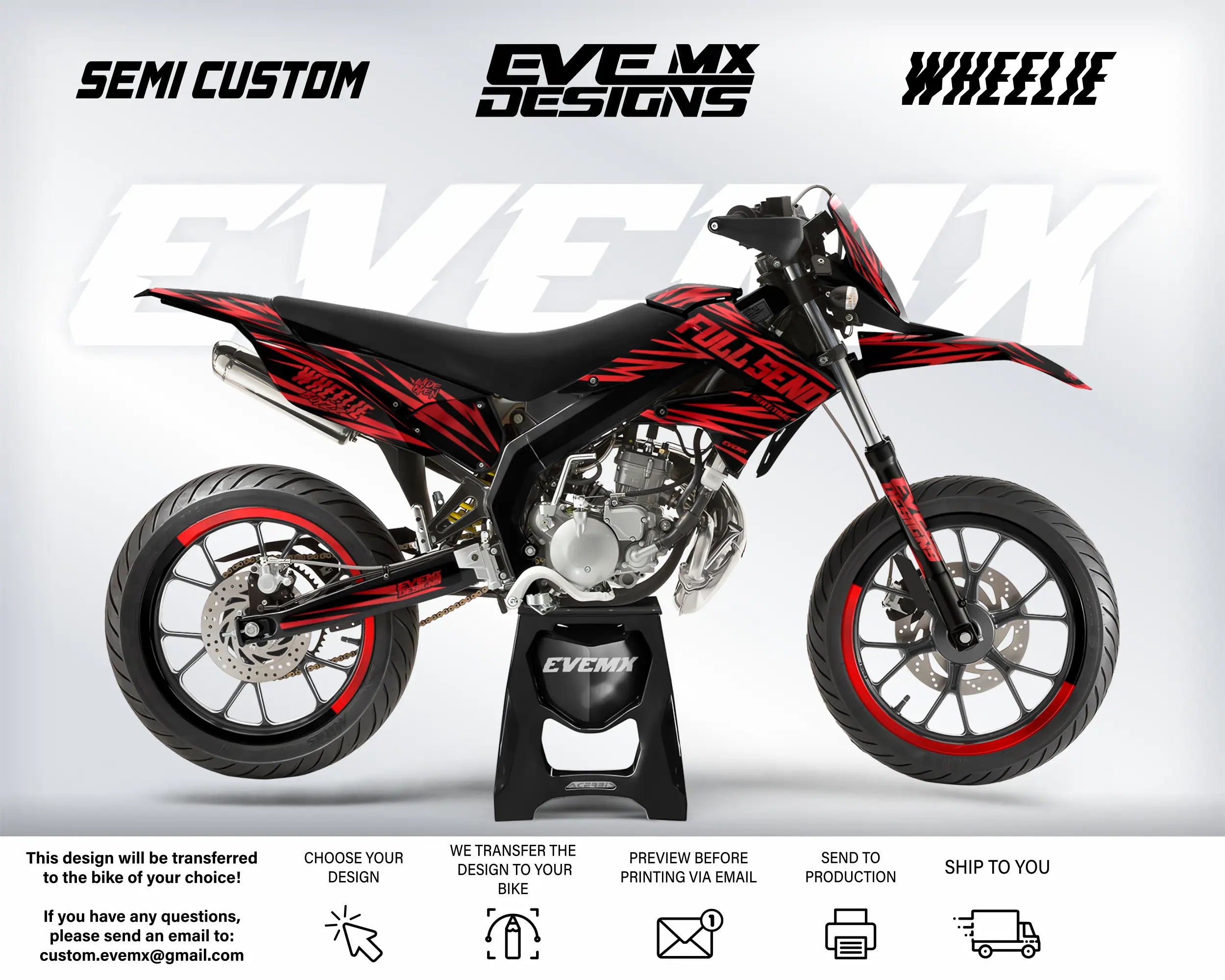 Motorcycle with 'EveMX Designs' branding on a white background