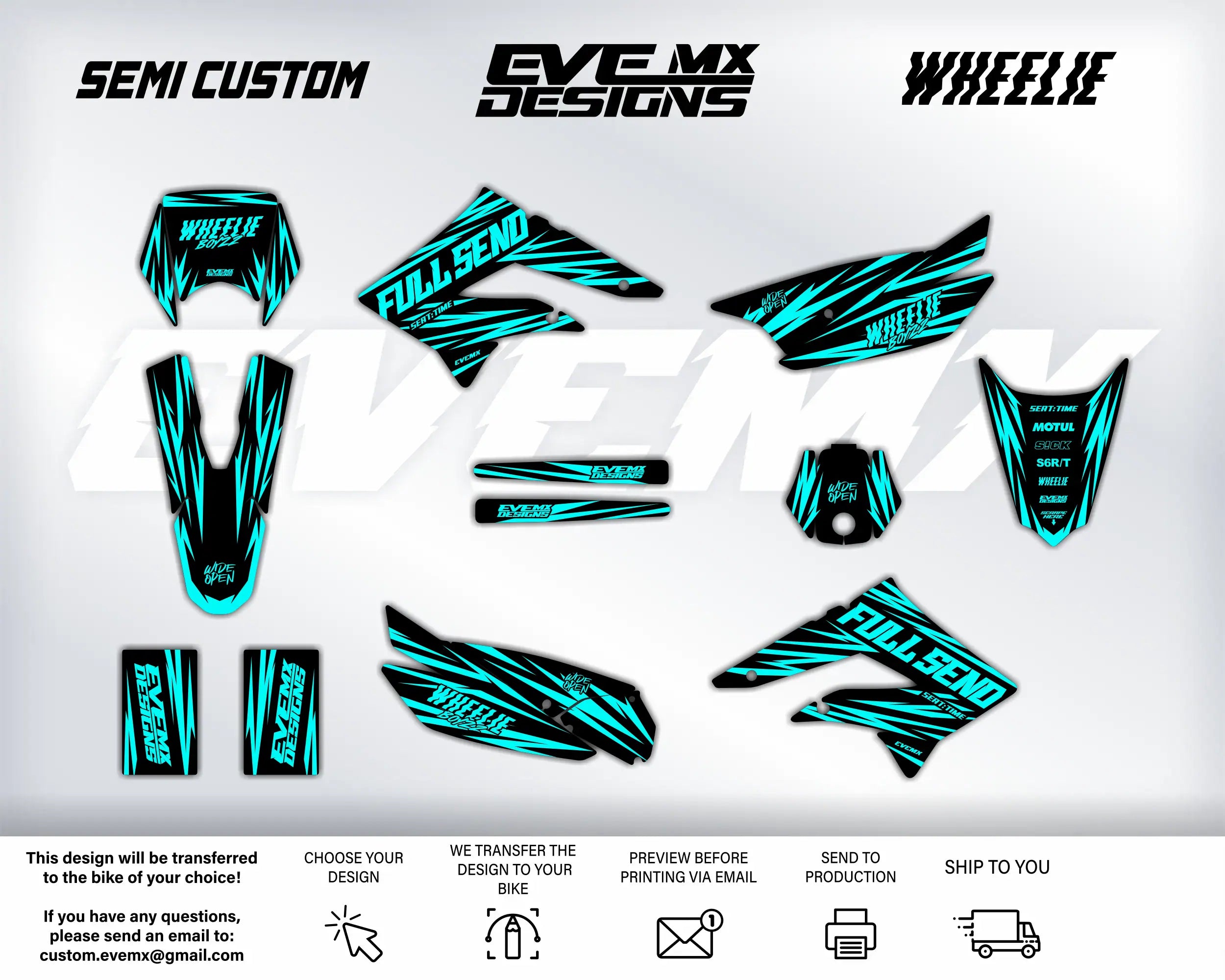 Motorcycle graphics kit with teal and black design elements on a white background, featuring EveMX Designs branding and customization options.