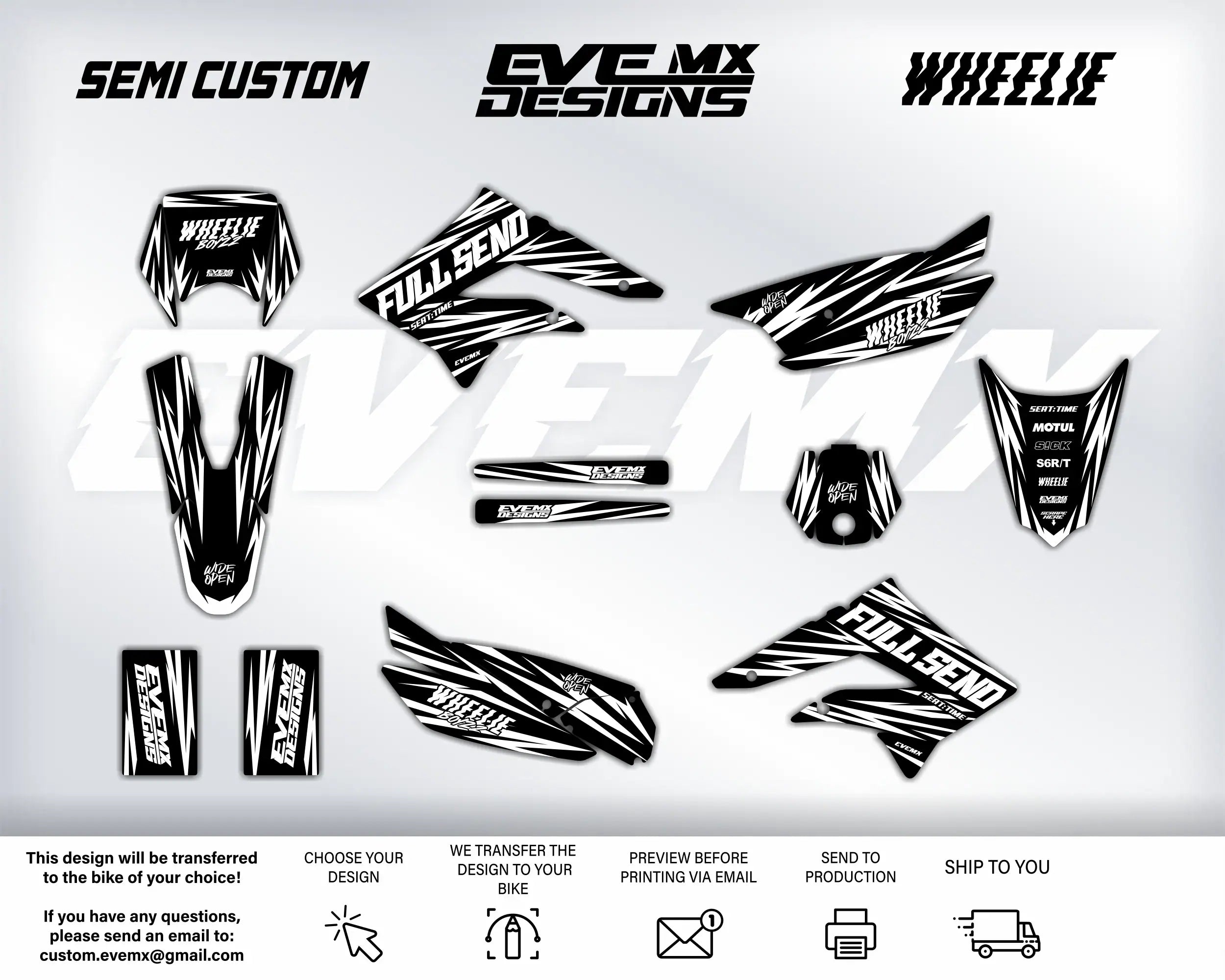 Collection of black and white motorcycle decals with EveMX Designs branding on a gray background