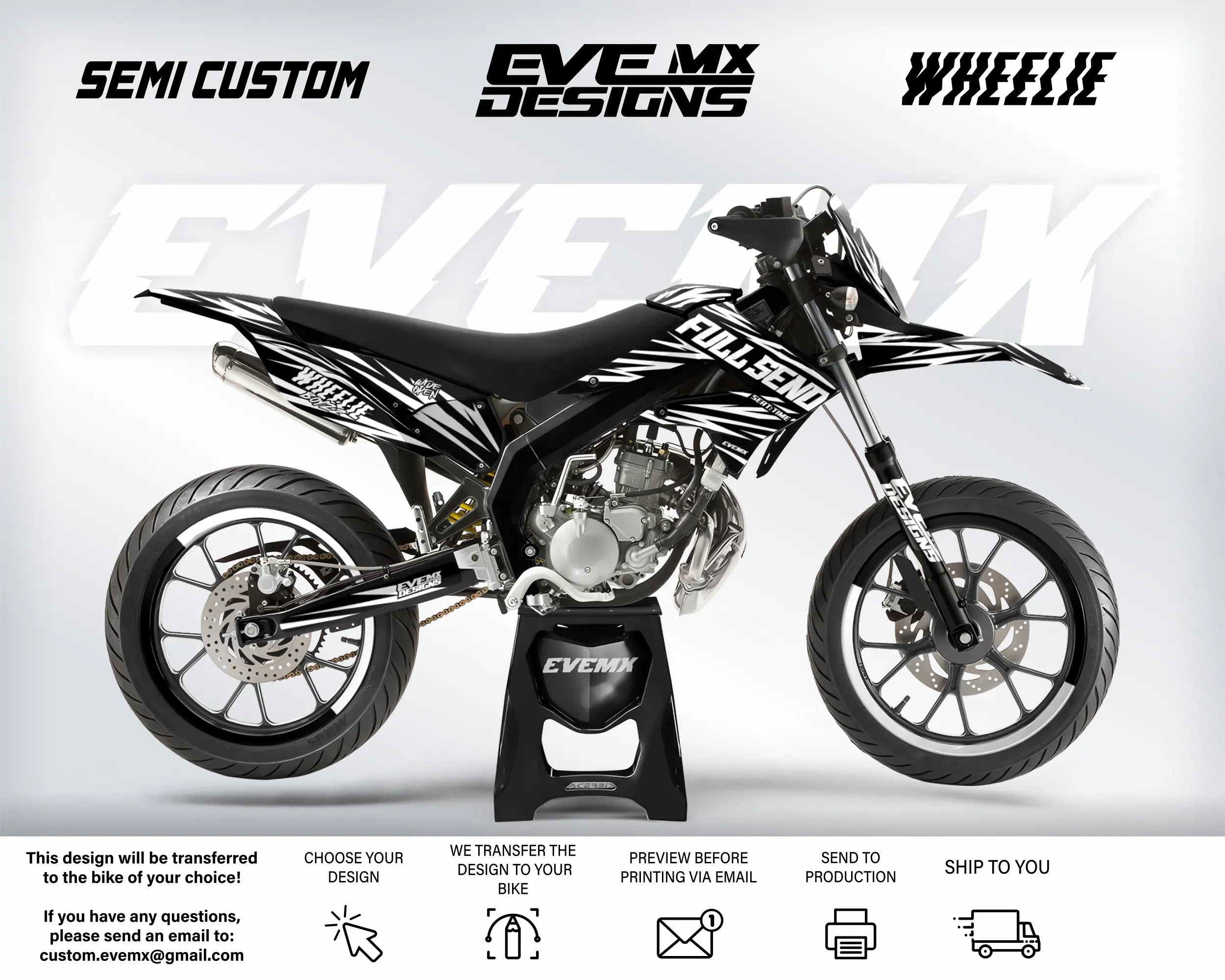Motorcycle with custom design elements on a white background, featuring EveMX Designs branding and customization options.