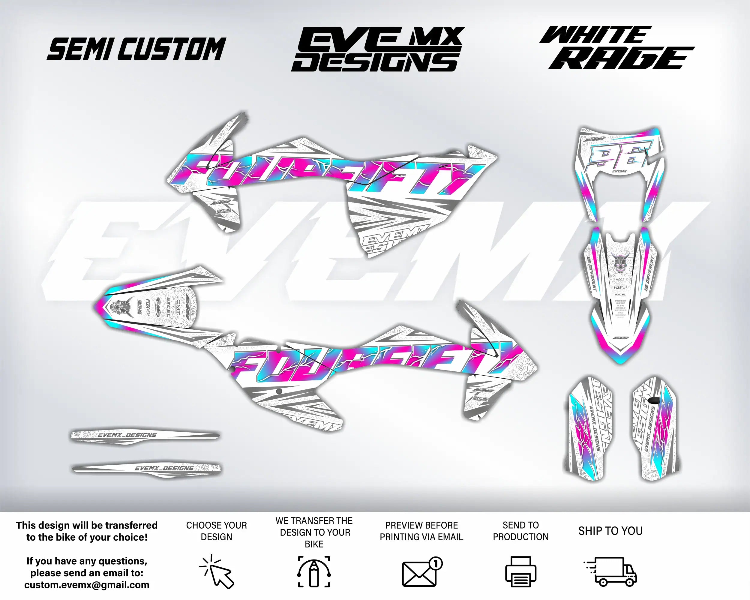 Motorcycle wrap design with 'Flowlift' and 'White Rage' EveMX Designs branding on a white background.