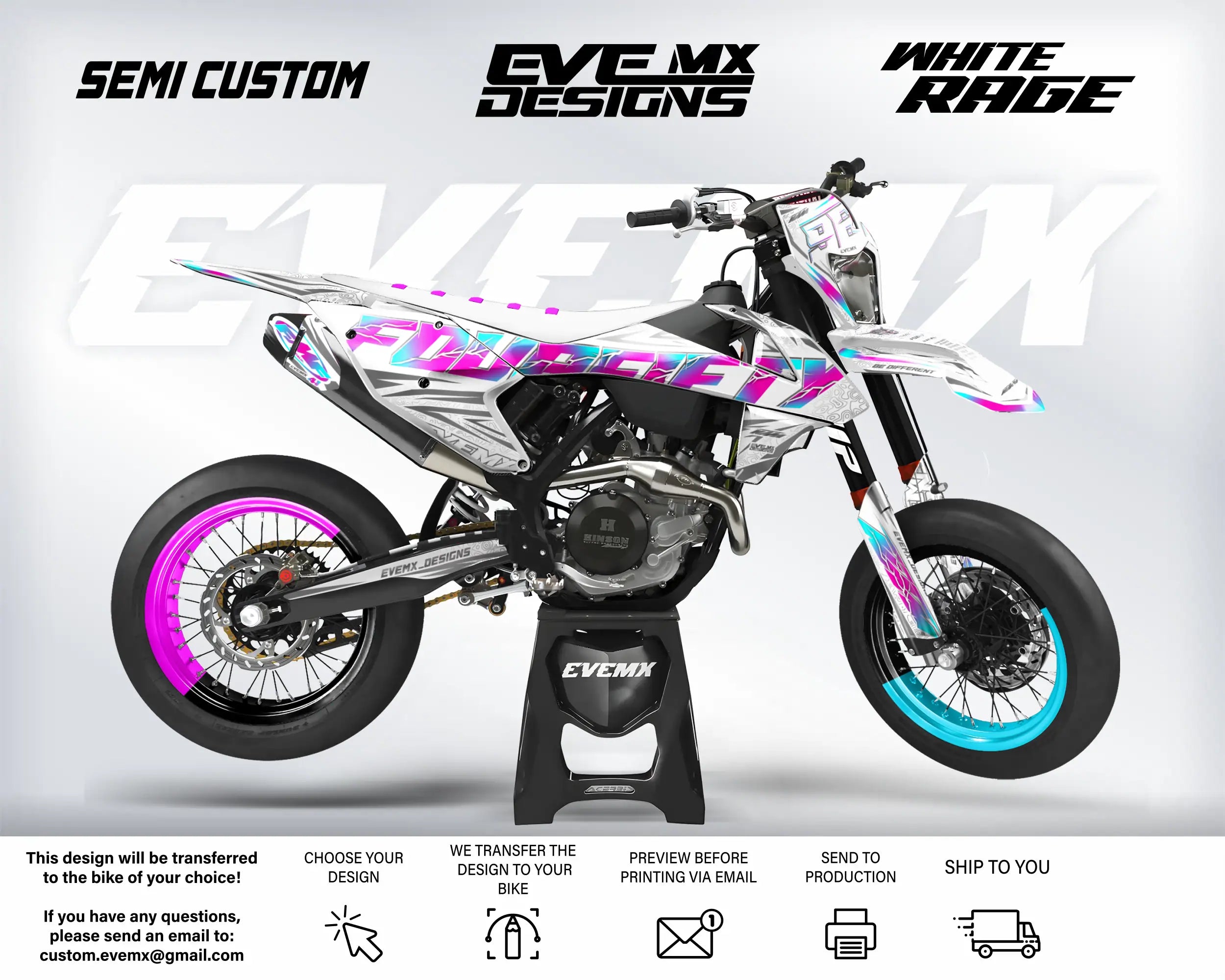 Custom dirt bike with 'EveMX Designs' and 'White Rage' branding on a white background.