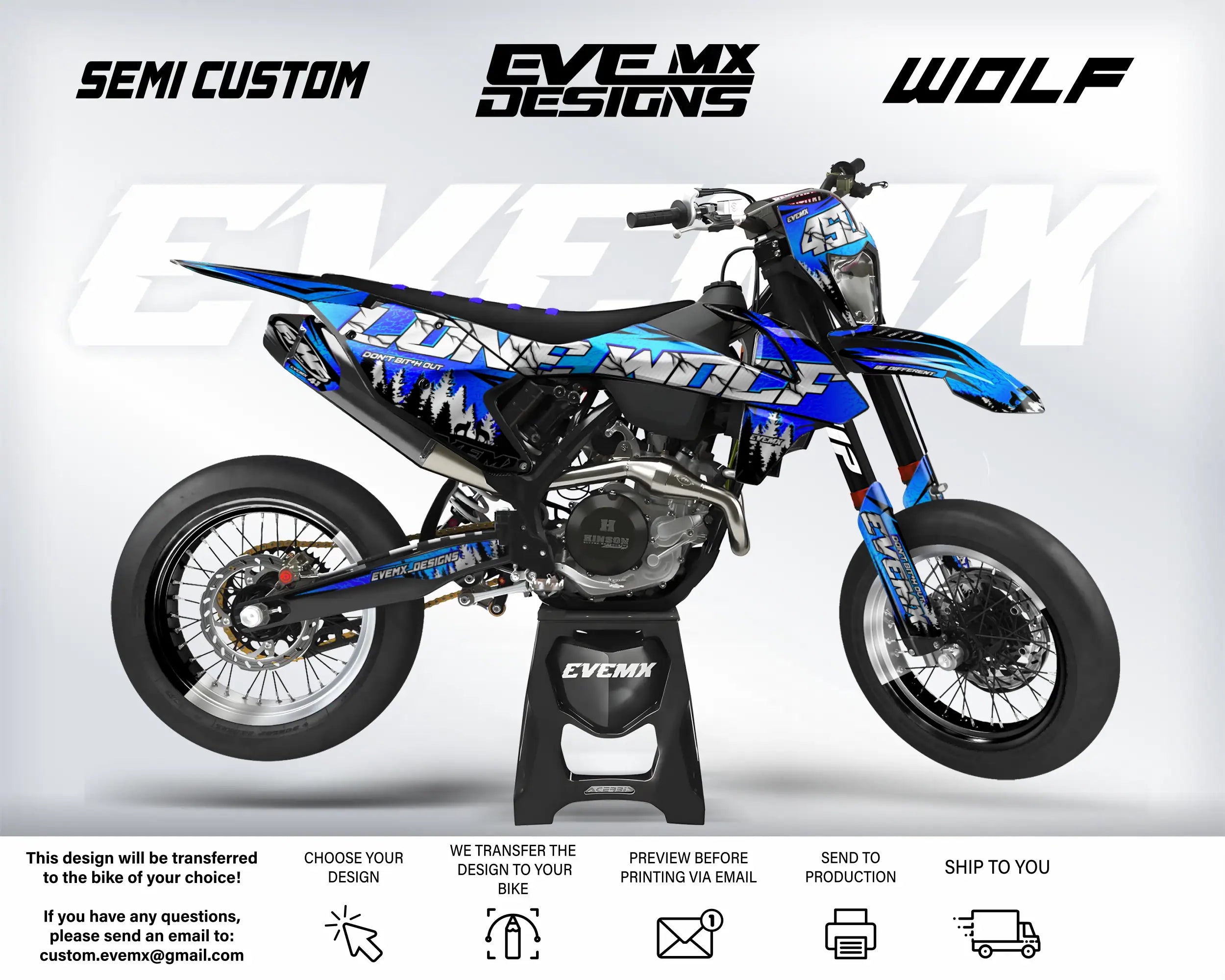 Blue and black dirt bike with 'Eve MX Designs' branding on a white background