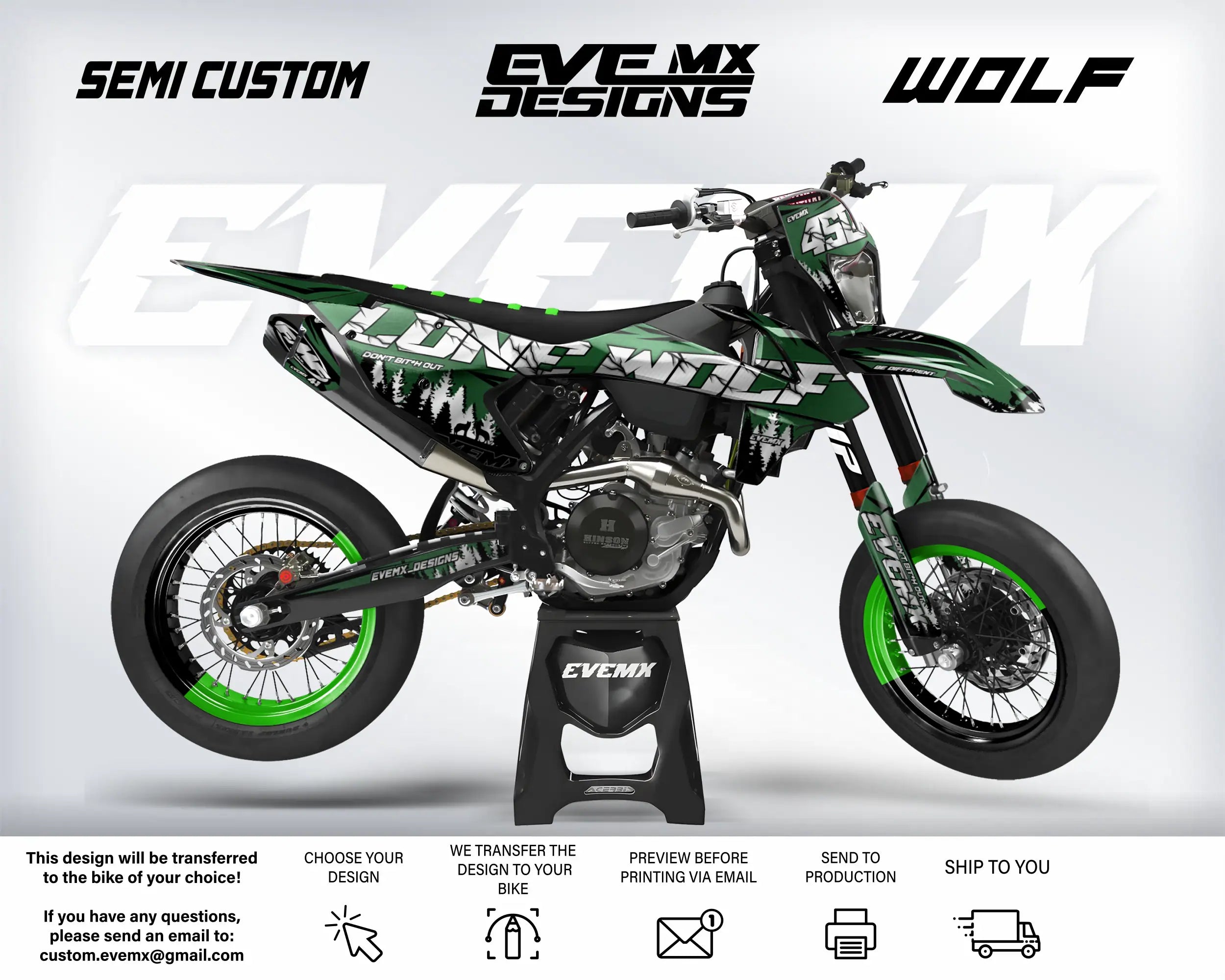 Green and black dirt bike with 'Eve MX Designs' branding on a white background
