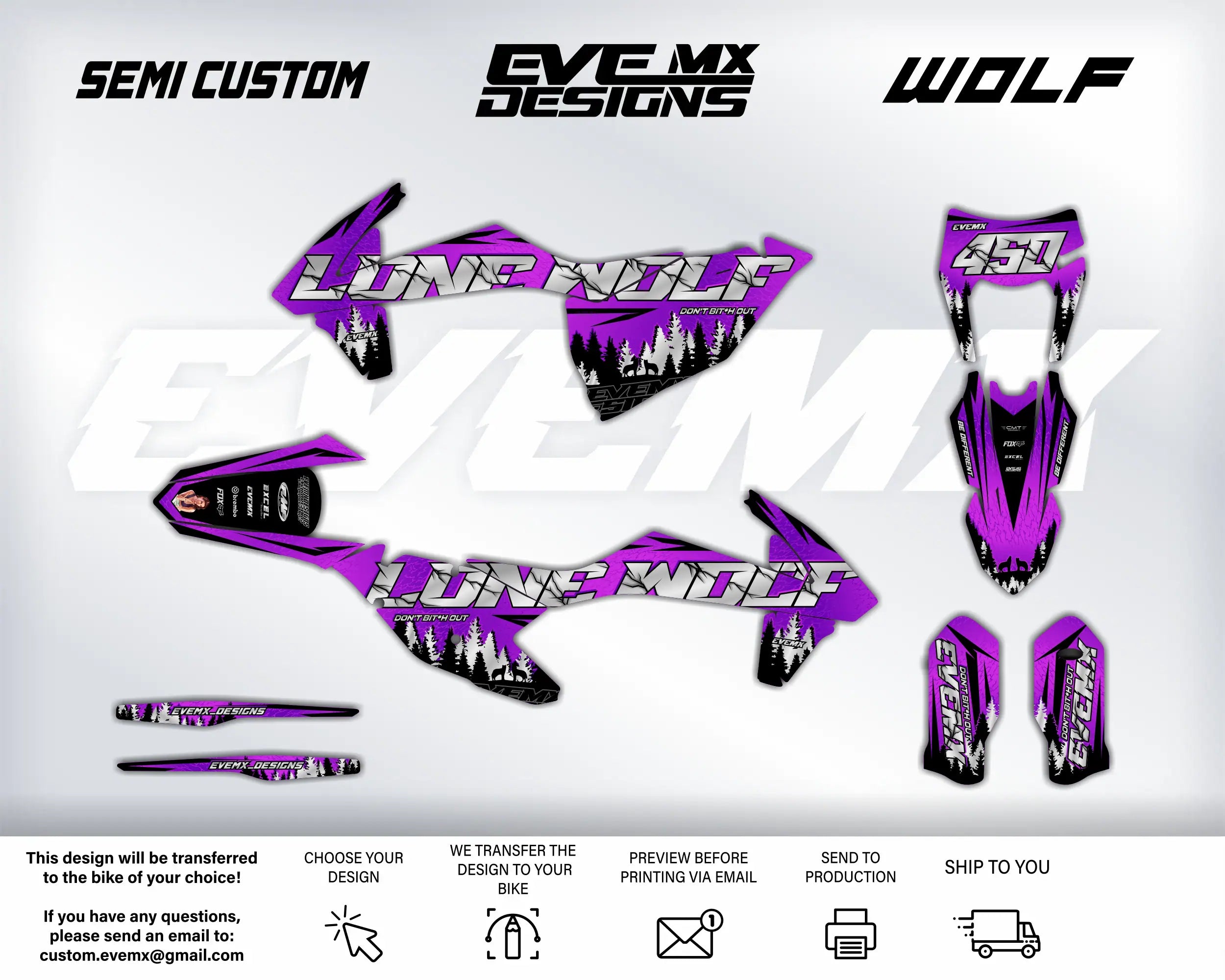 Motocross graphics kit with 'Lone Wolf' design on a white background, featuring SEMI CUSTOM, EveMX DESIGNS, and WOLF branding.
