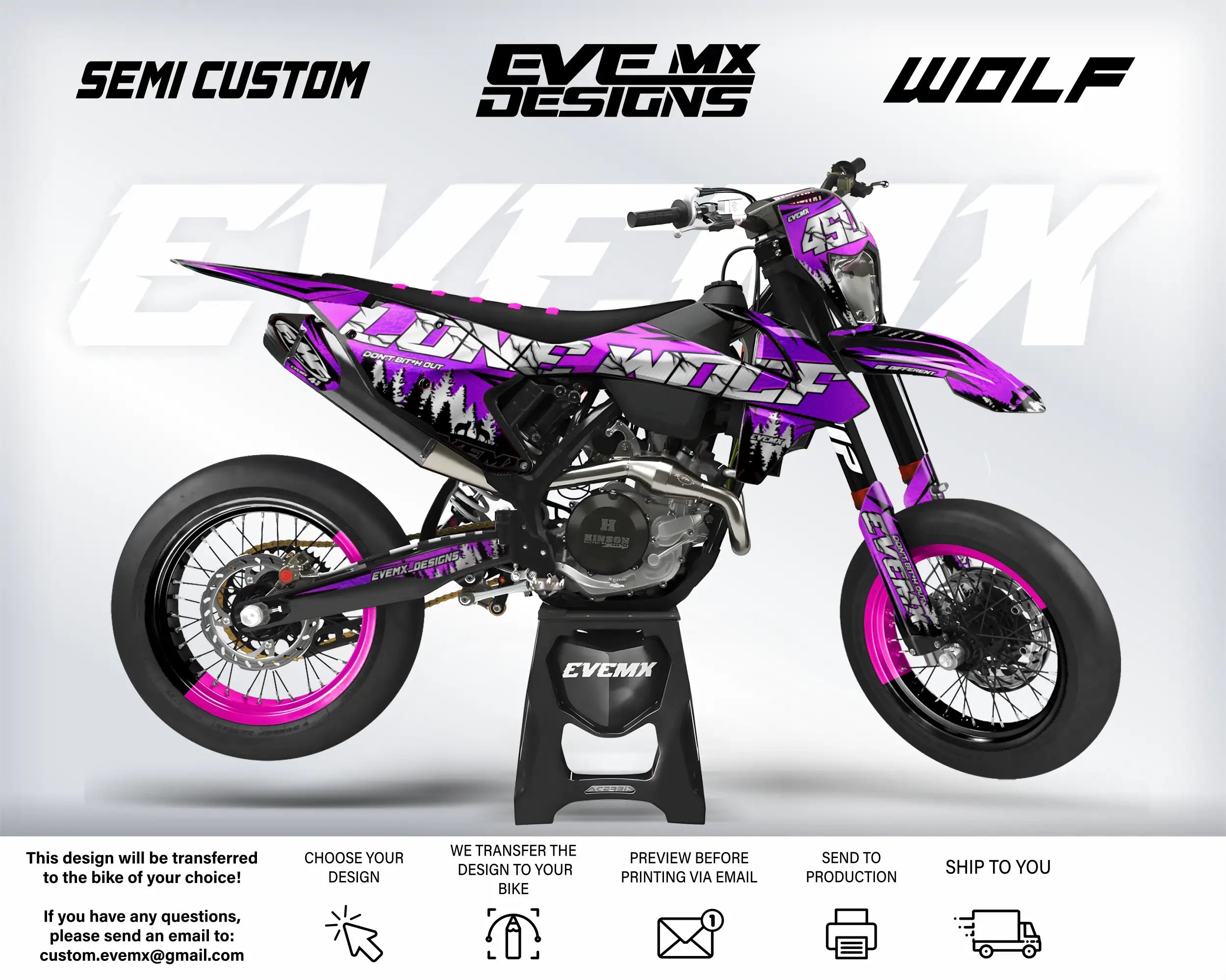 Purple and black dirt bike with 'Eve MX Designs' branding on a white background