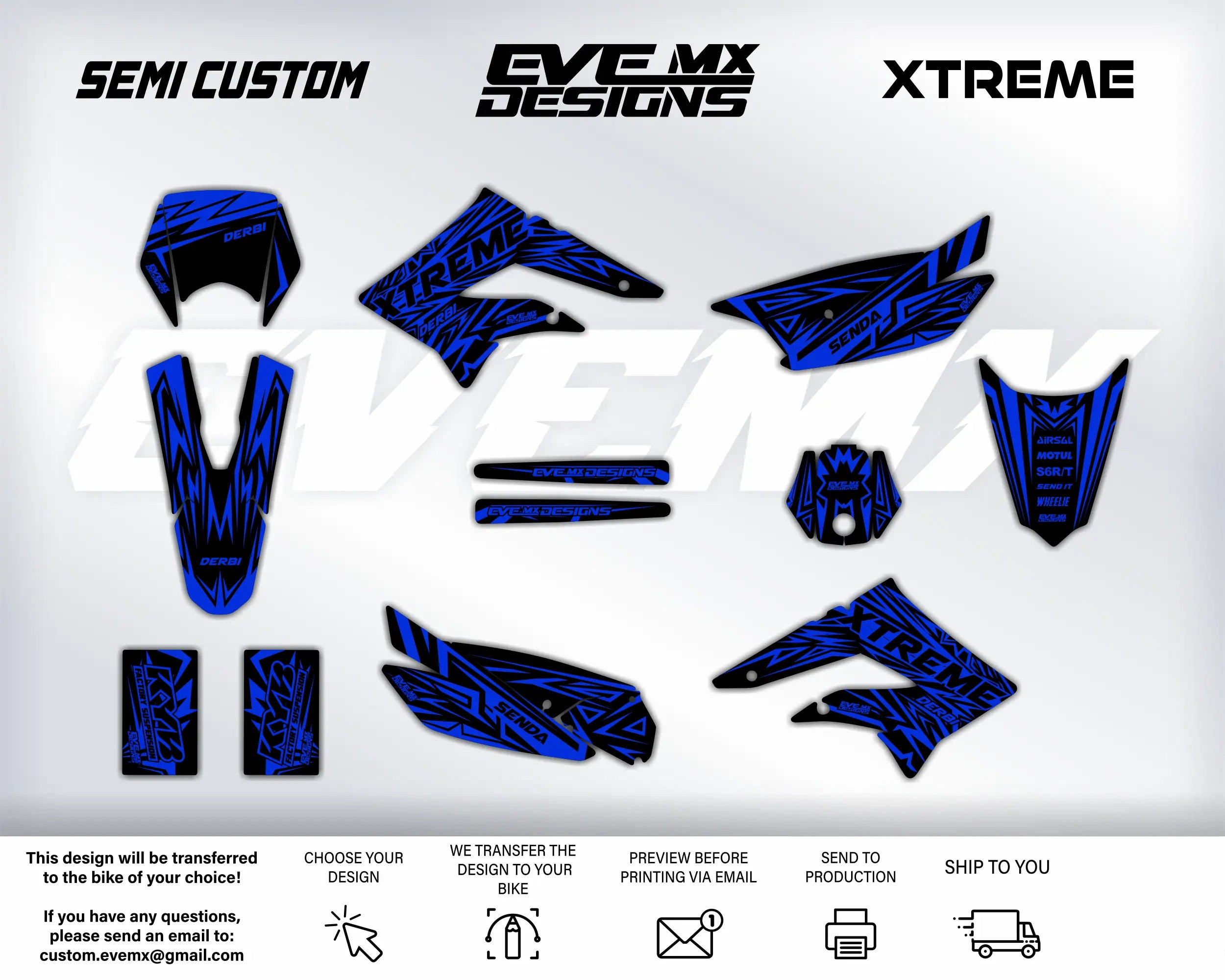 Blue motorcycle graphics kit with 'EveMX Designs' branding on a white background