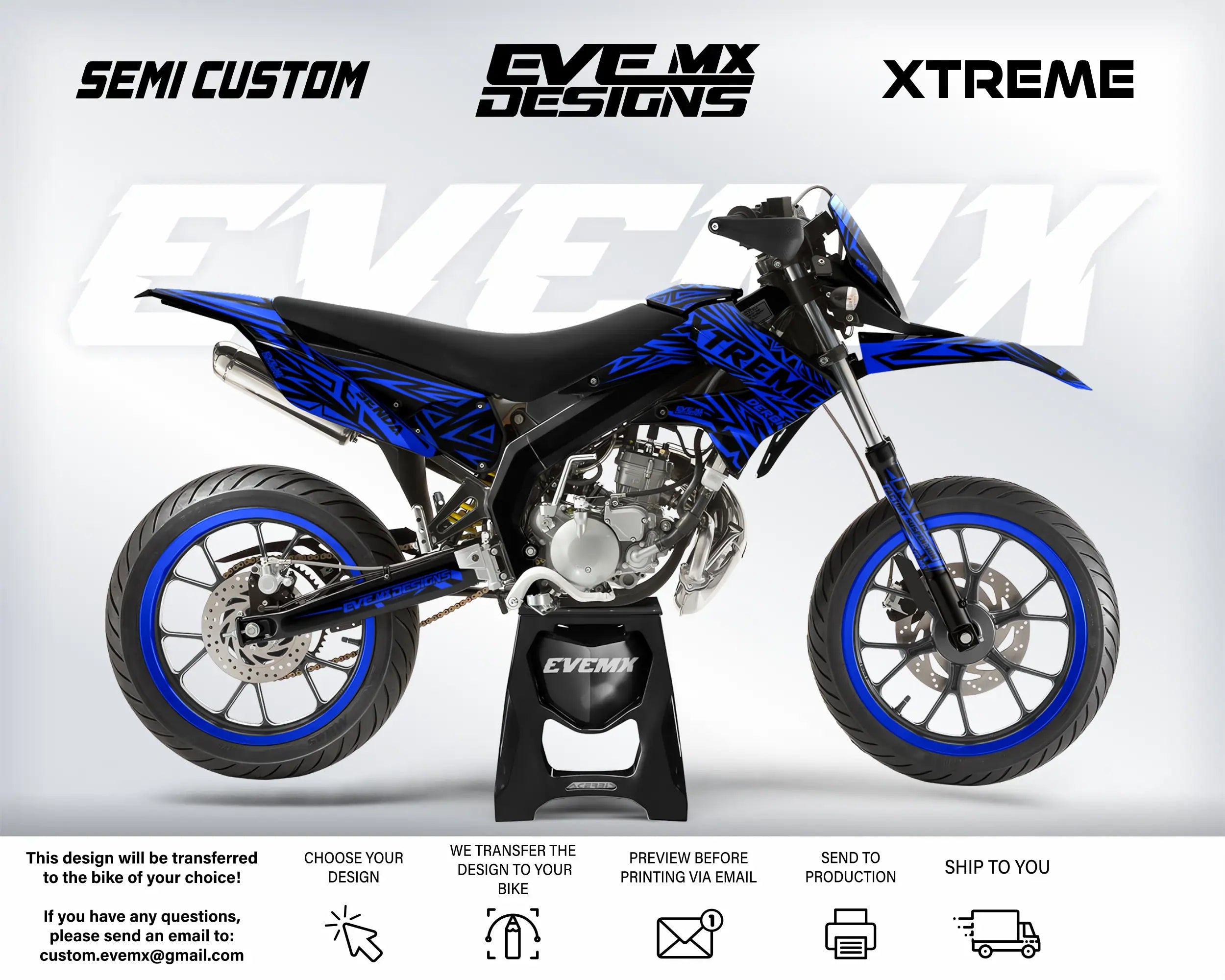 Blue and black dirt bike with 'EveMX Designs' branding on a white background