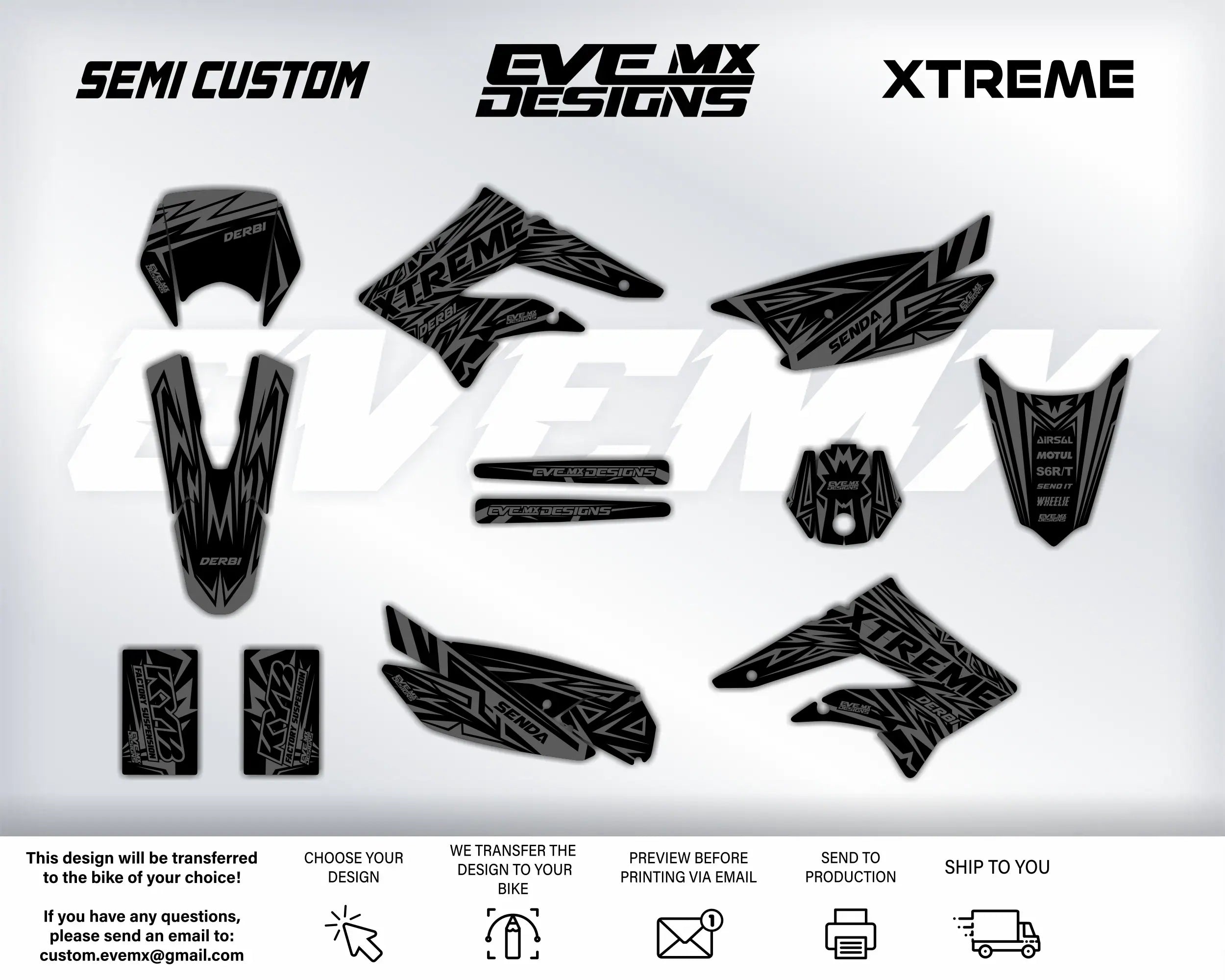 Black motorcycle decals with 'EveMX Designs' branding on a white background