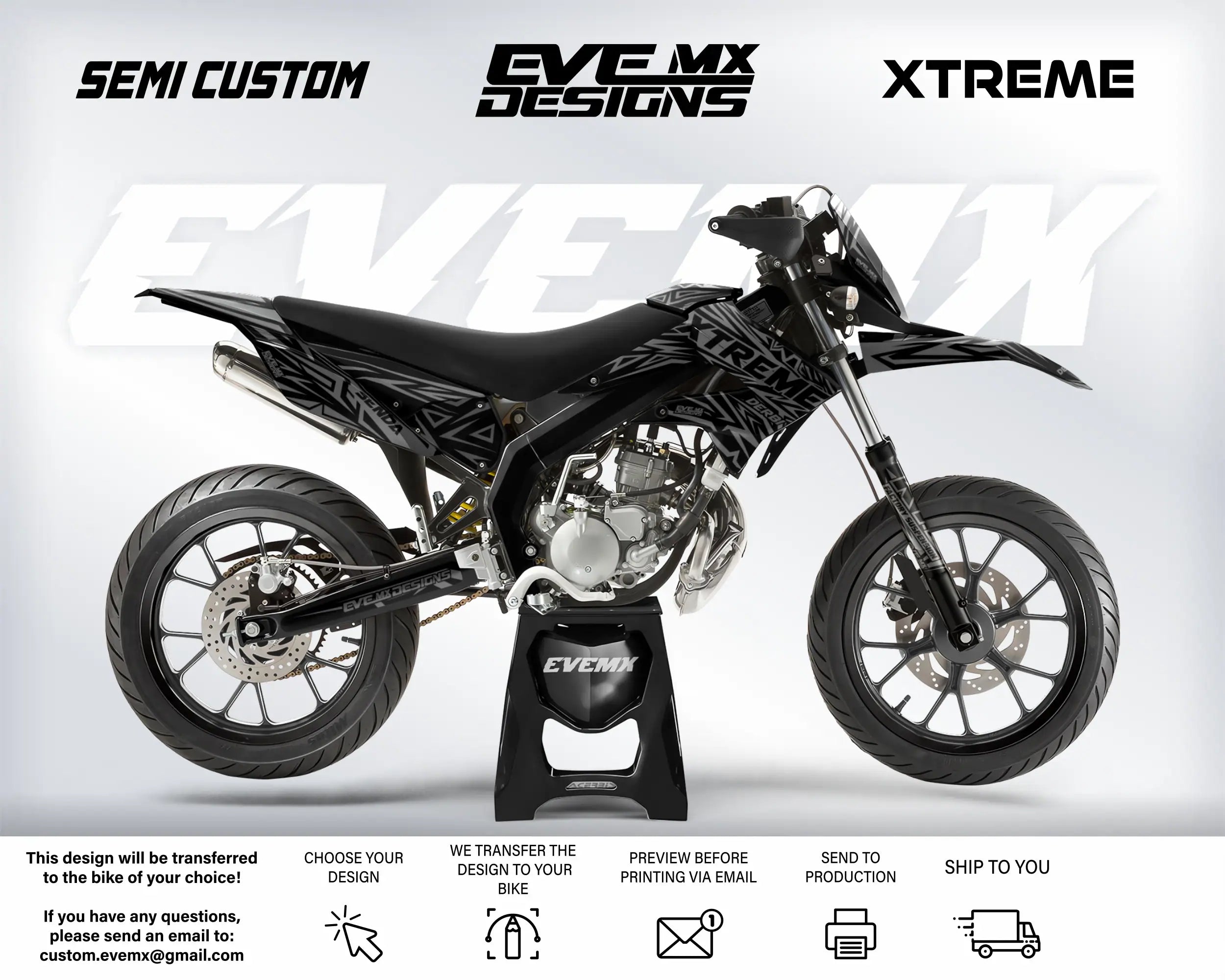 Motorcycle with 'EveMX Designs' branding on a white background