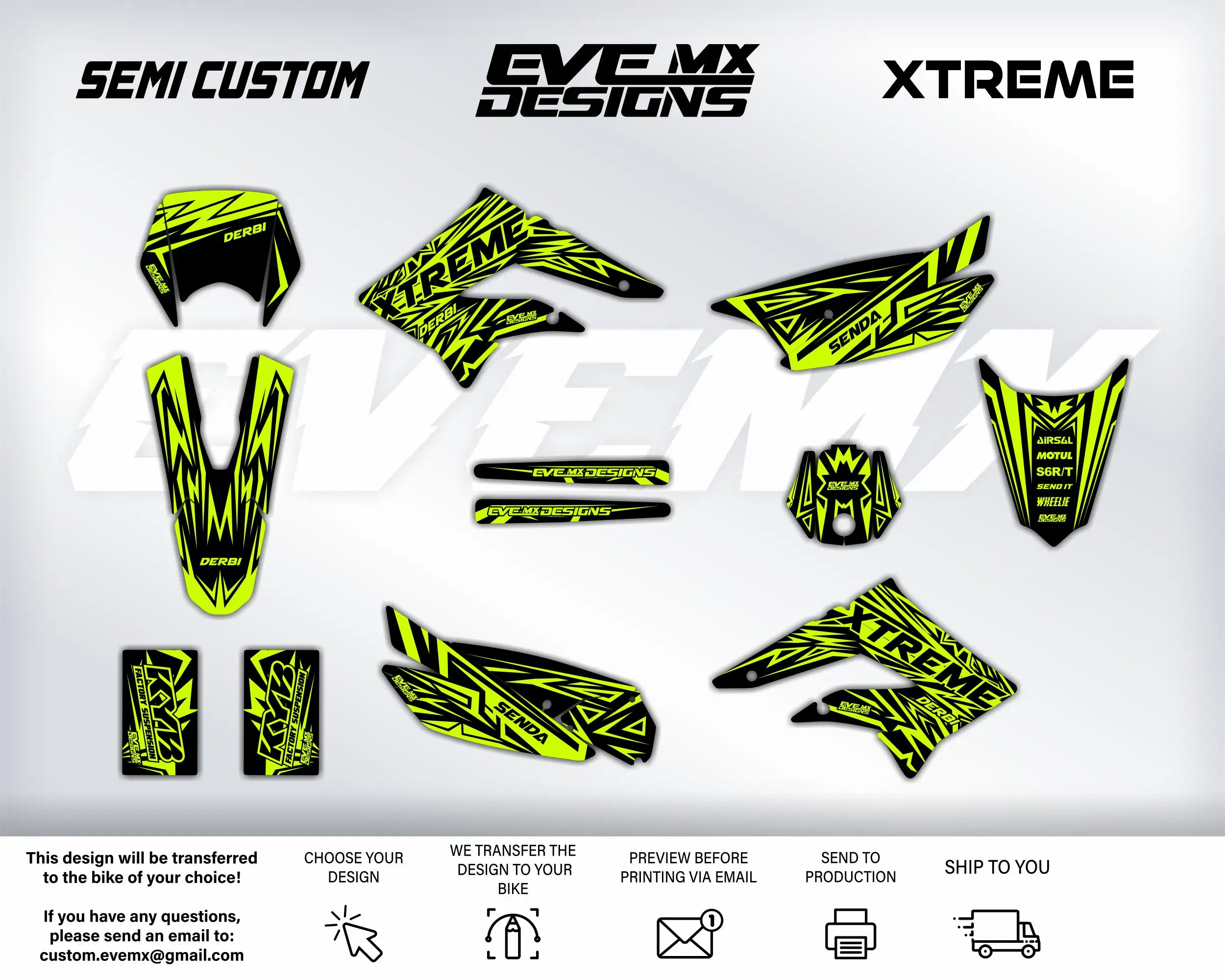 Collection of yellow and black motorcycle decals with 'EveMX Designs' branding on a white background.