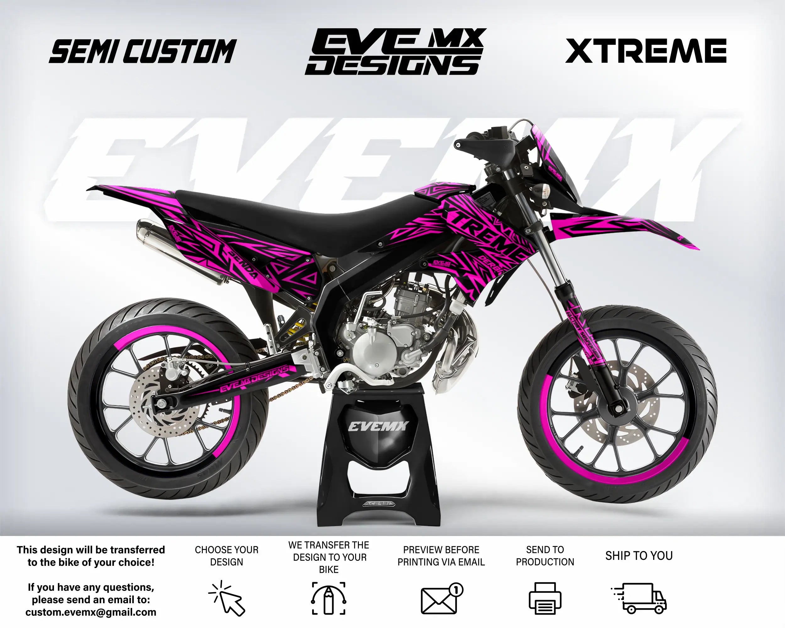 Supermoto Motorcycle with pink and black design on a white background, featuring 'EveMX Designs' branding.