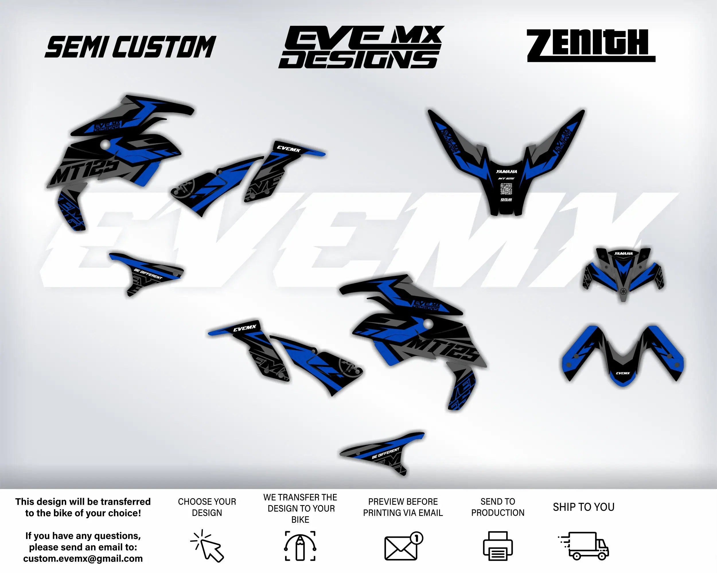 Collection of motorcycle graphics with 'Eve MX Designs' branding on a white background.
