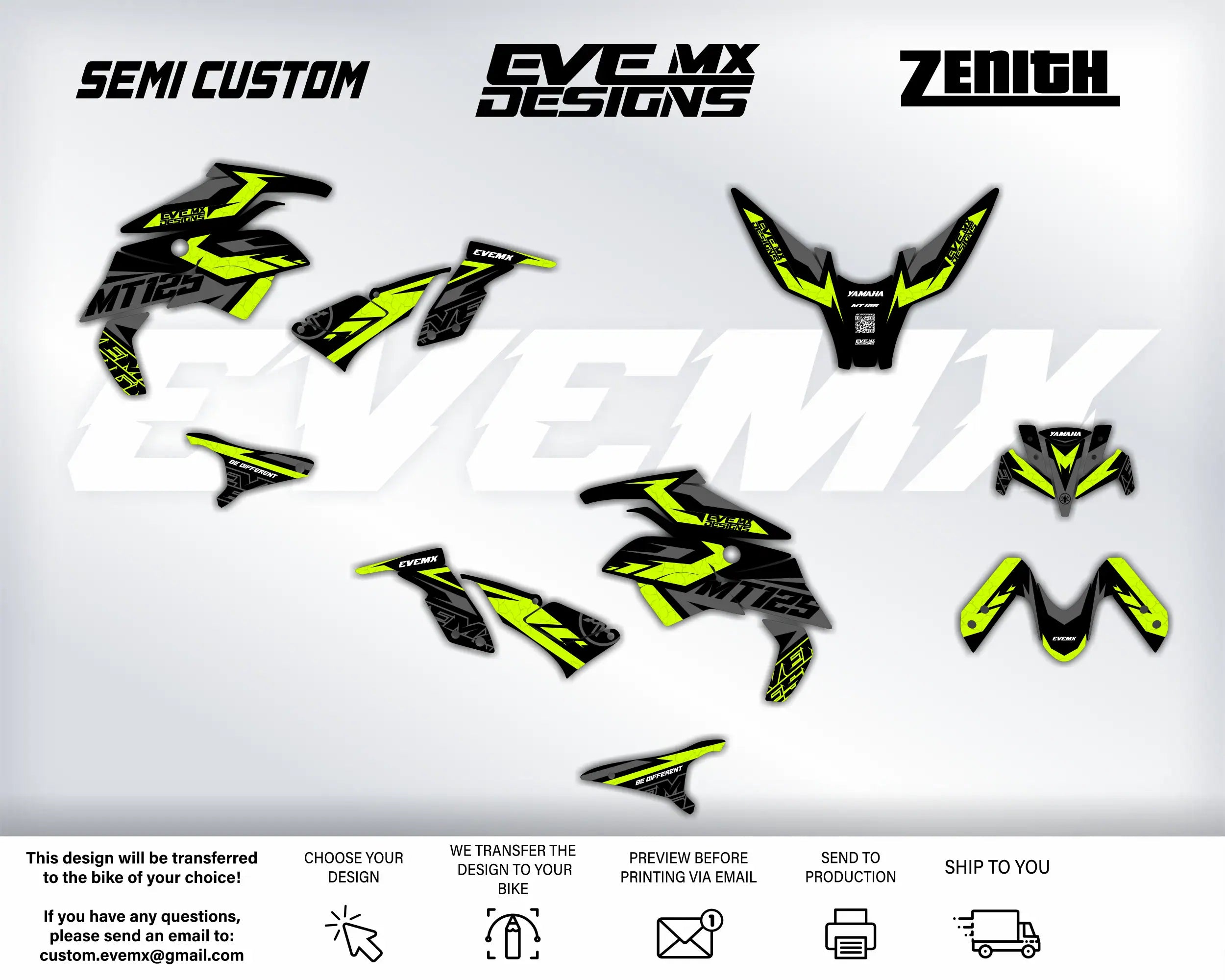 Motorcycle wrap design with SEMI CUSTOM, EVE MX DESIGNS, and ZENITH branding on a white background.