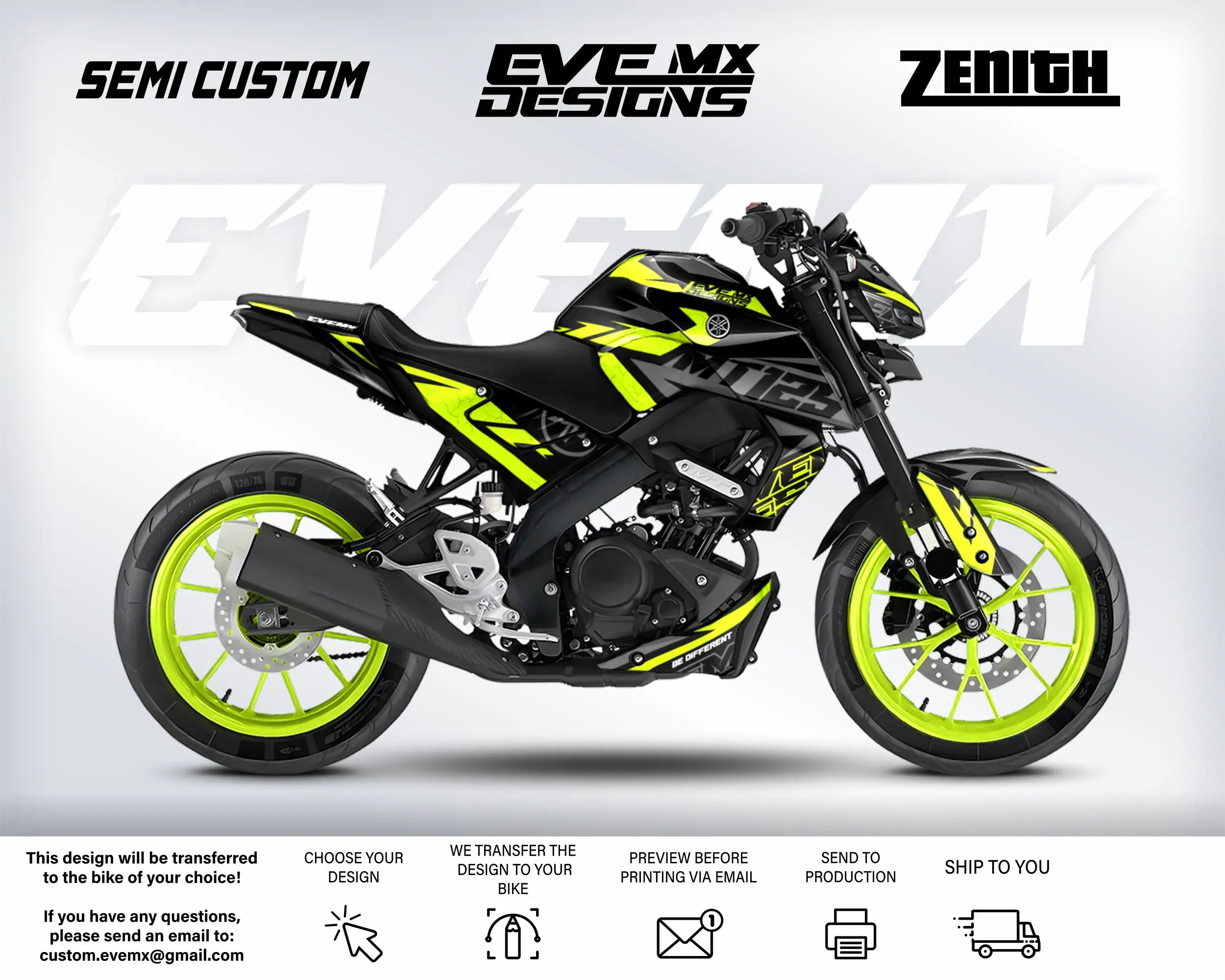 Motorcycle with yellow accents on a white background, featuring 'Eve MX Designs' branding.
