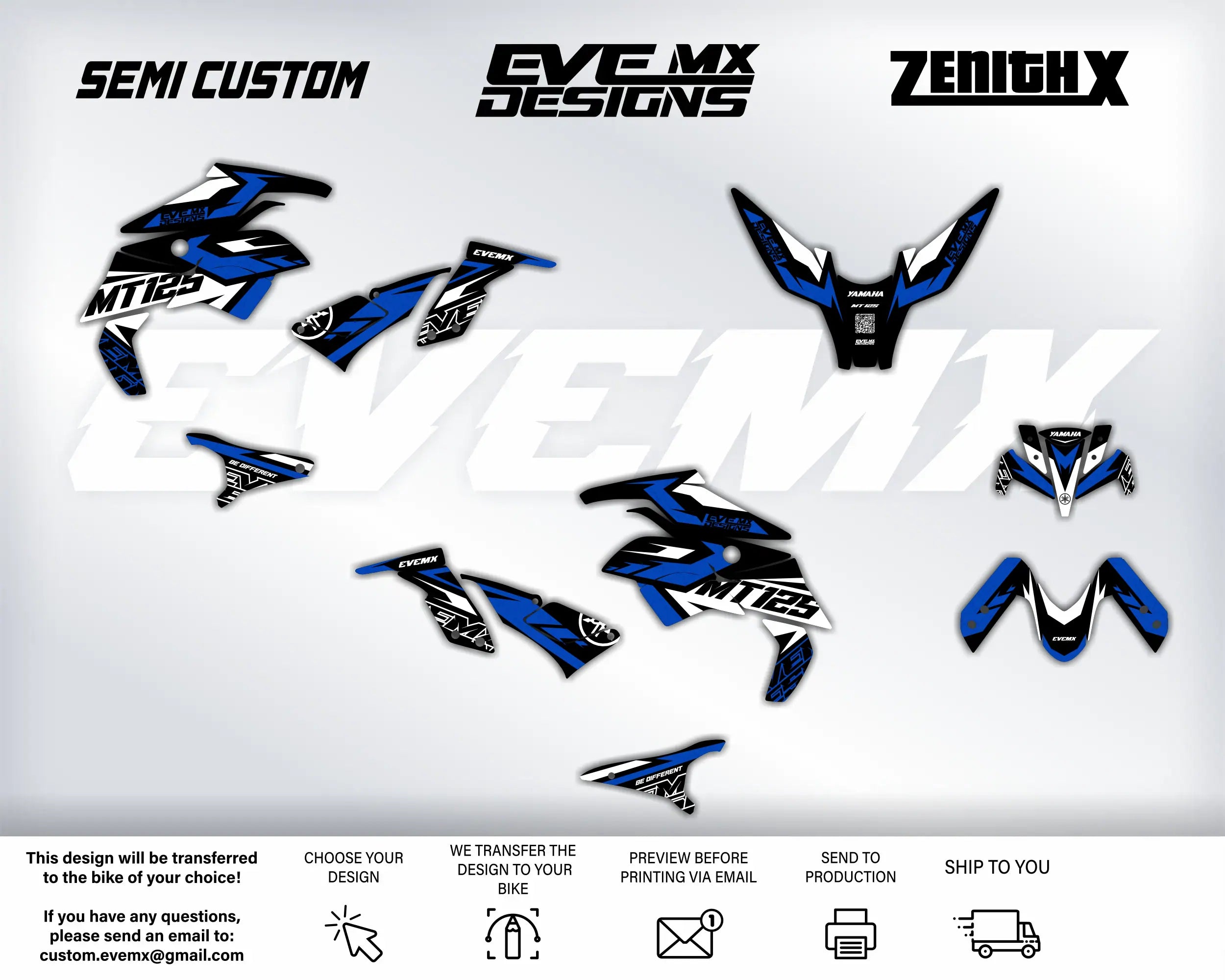 2D Street Bike Motorcycle yamaha mt-125 with blue and black design on a white background, featuring branding and customization options.